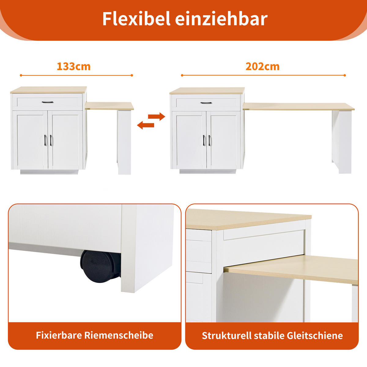 KÜCHENINSEL 133/70/93.5 cm Weiß mit 2 Schubladen, 2 Ablageböden und seitlichem Ablagegestell - Weiß, Holz/Holzwerkstoff (133/93.5/70cm) - Oxeza