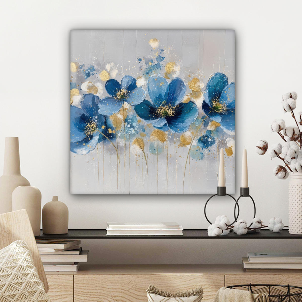 LEINWANDBILD Blumen - Blau - Abstrakt Wandbild Wohnzimmer 50x50 cm - Hellgrau, Textil (50/50cm) - MuchoWow
