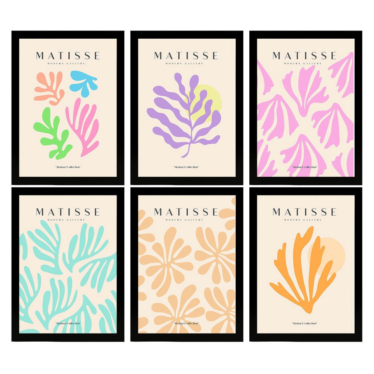 POSTER Set Mit 6 Illustrationen Von Henri Matisse Pastellfarben A3 Schwarzer Rahmen - Schwarz, Papier (29/3cm) - Nacnic