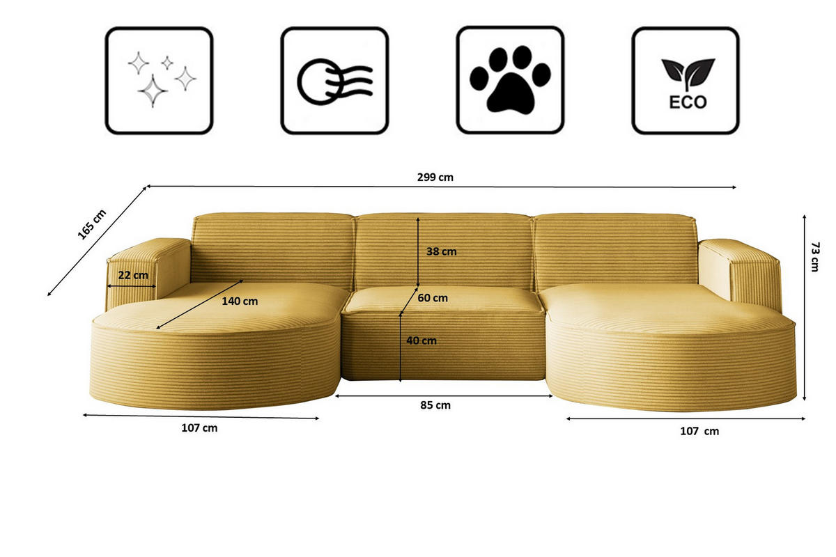 ECKSOFA Designer MODENA U STUDIO Stoff Dicker Cord Gelb - Gelb, Holz (165/299cm) - Kaiser Möbel