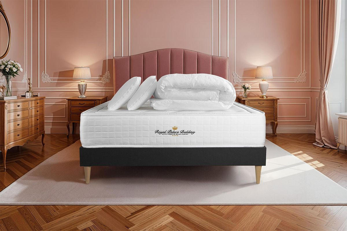 BETT Buckingham Memory-Schaum 140 x 190 cm h1 - Kit Bettgestell Schwarz - Mit Kissen und Bettdecke - Beige/Schwarz, Karton/Holz (140/190cm) - ROYAL PALACE BEDDING