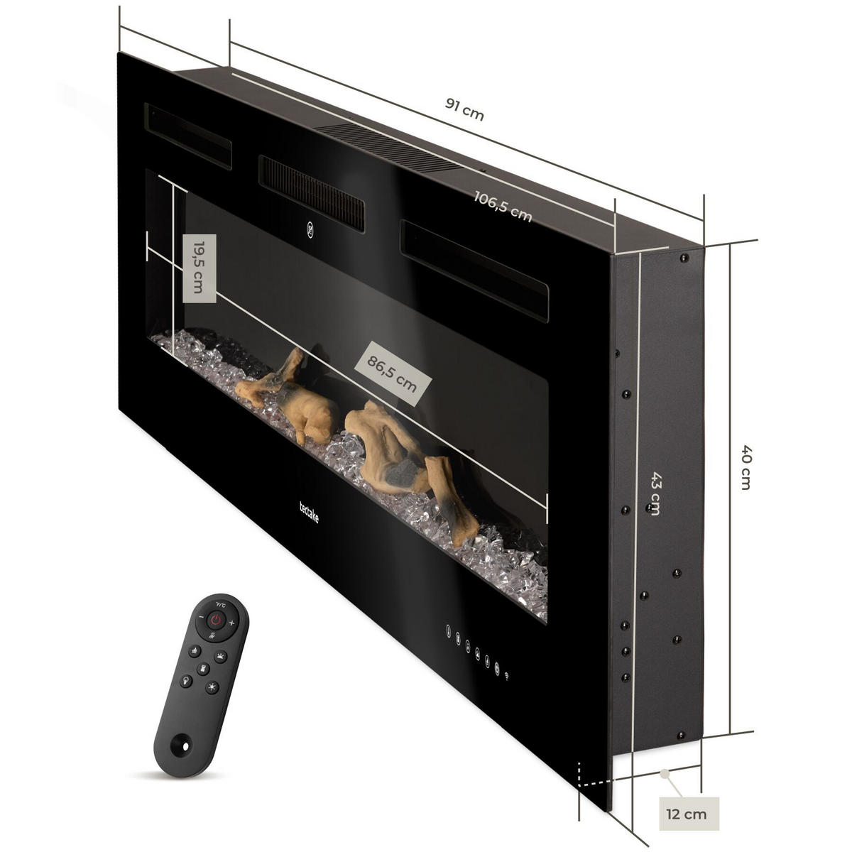 ELEKTRO-WANDKAMIN Luci, mit Fernbedienung und App-Steuerung, integriertes Thermostat, schwarz - Schwarz, Metall (106.5/43/12cm) - tectake