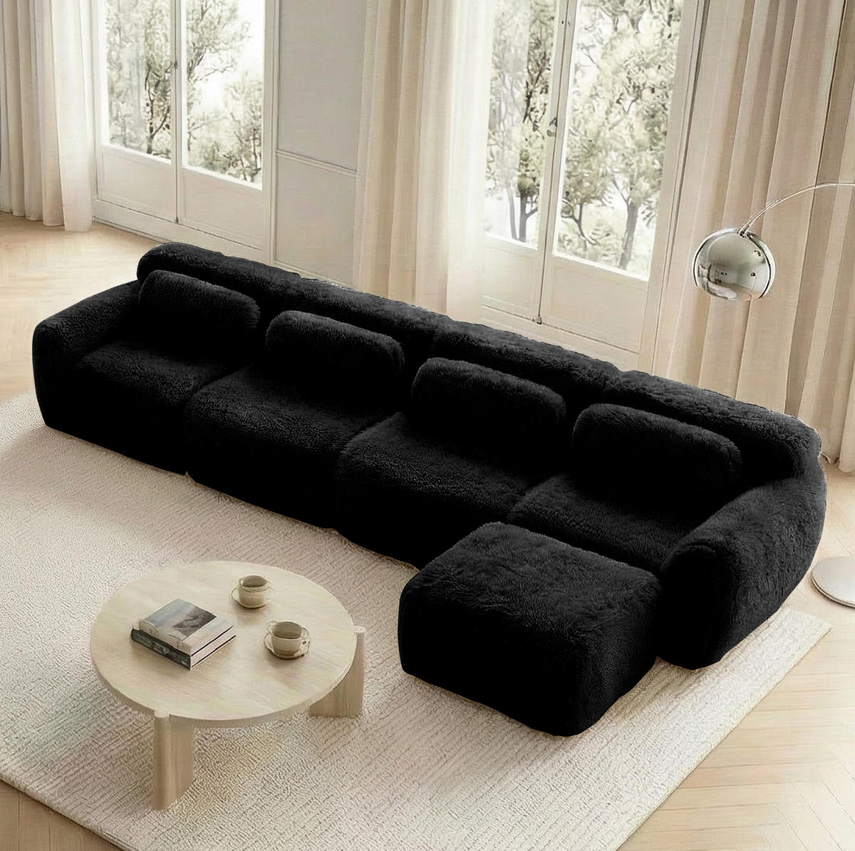 ECKSOFA 378/179/73 cm schwarz aus Plüsch modular und montagefrei - Schwarz, Textil (179/378cm) - OKWISH