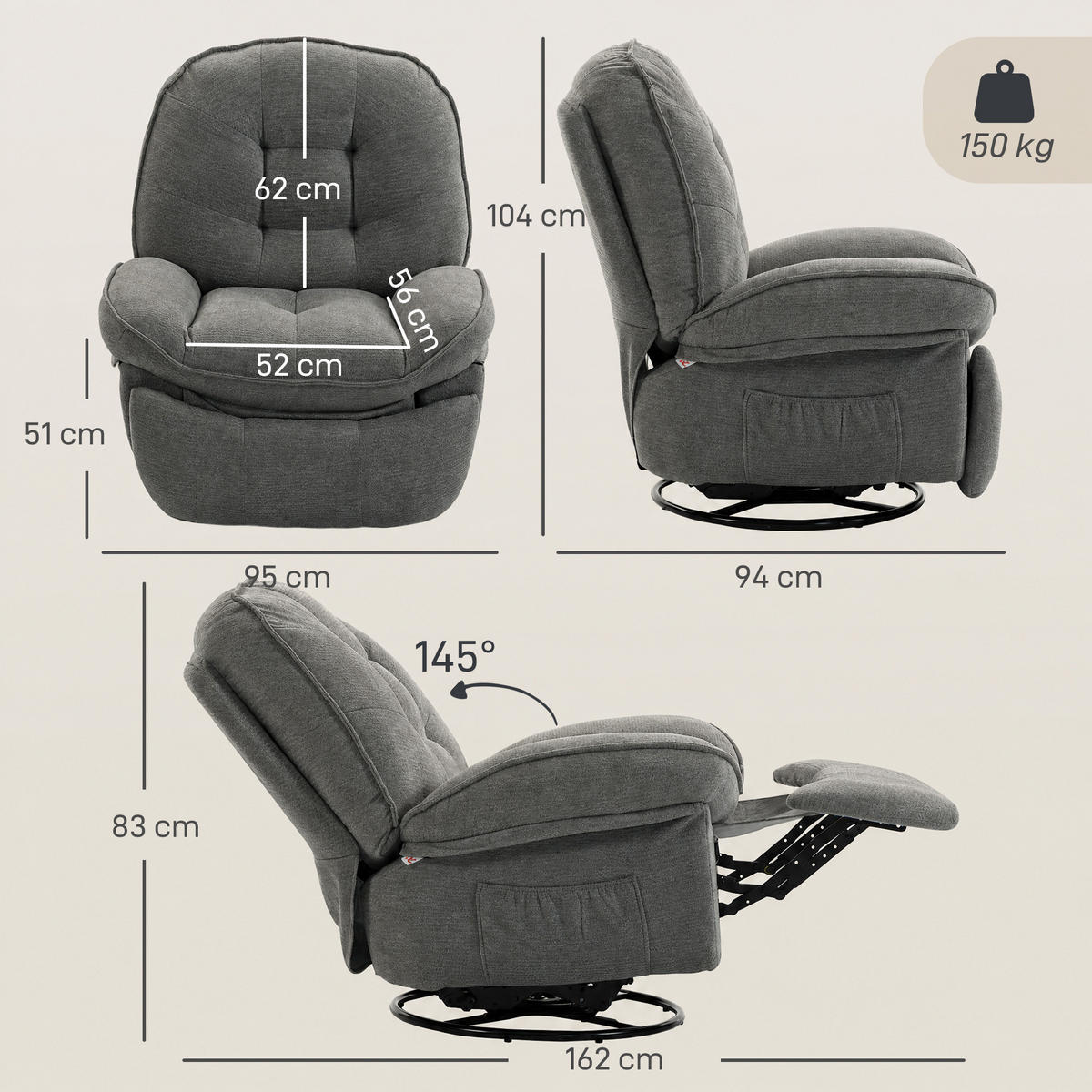 RELAXSESSEL Chenille (100% Polyester) Hellgrau - Creme/Hellgrau, Holzwerkstoff/Textil (94/104/95cm) - HOMCOM