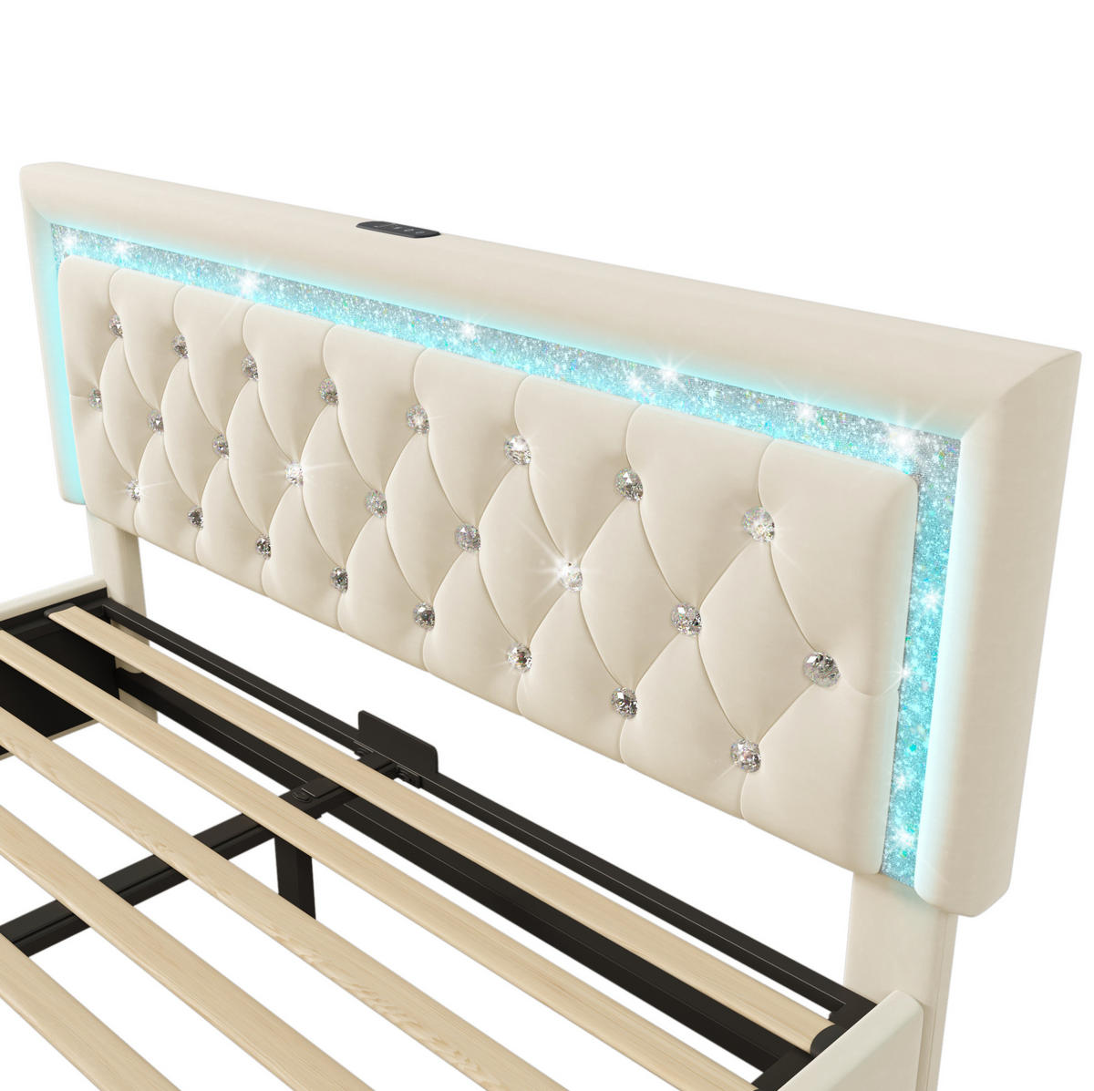 POLSTERBETT Samt 160x200 cm Beige mit Bettkasten, LED-Beleuchtung, USB- und Type-C-Anschluss - Beige, Textil (160/200cm) - IVMEU