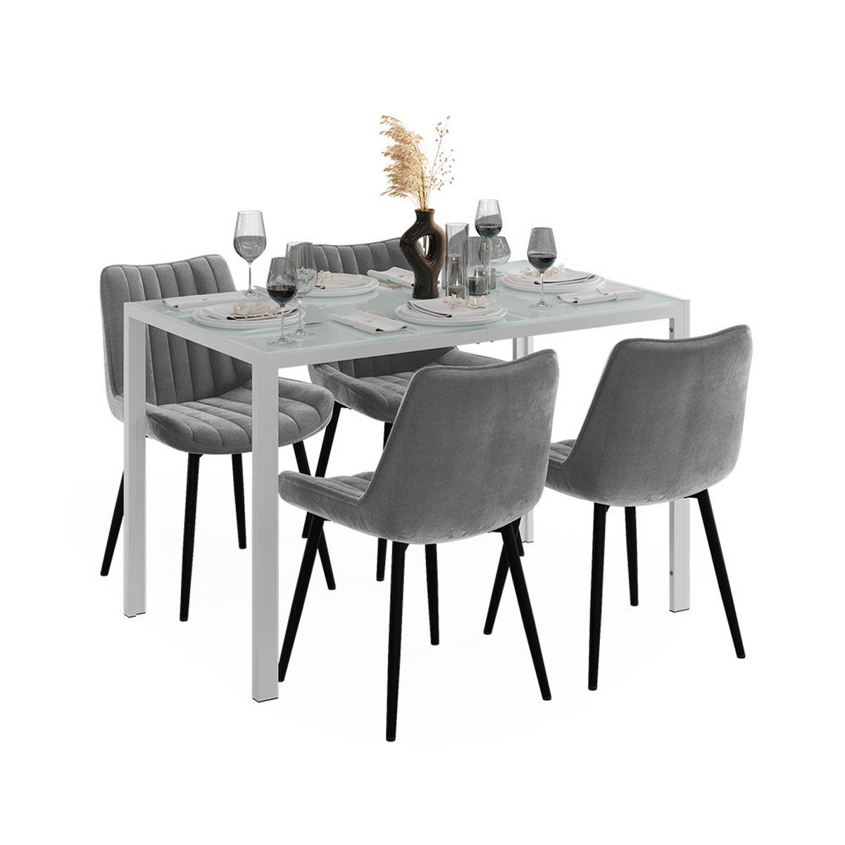 JÍDELNÍ STŮL SESTAVA Grand, Bílá, 120 x 70 cm se 4 židlemi (šedé) - bílá, sklo (120/74.5/70cm) - Vicco