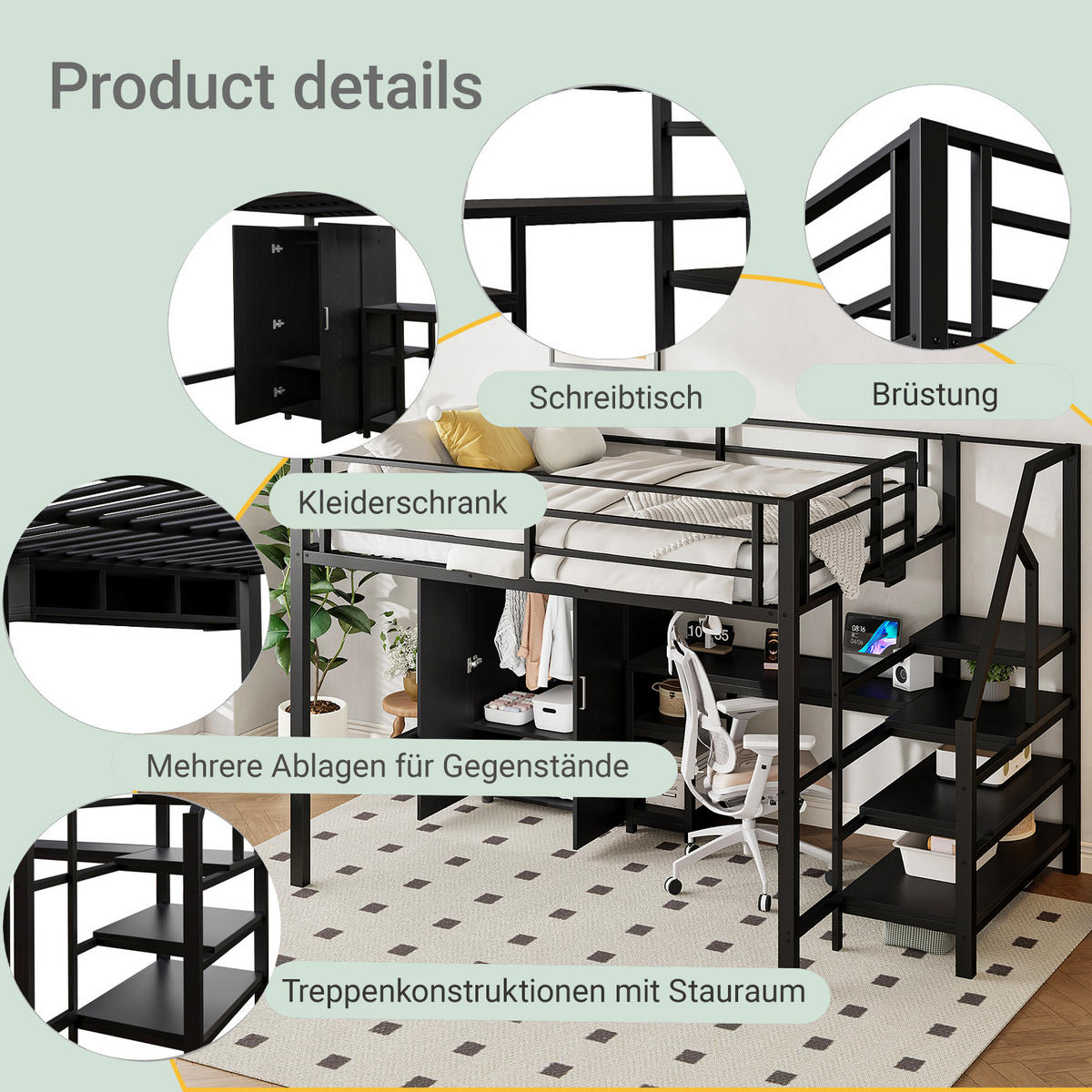HOCHBETT 140/200 cm schwarz mit Kleiderschrank und integriertem Schreibtisch - Schwarz, Metall (140/200cm) - OKWISH