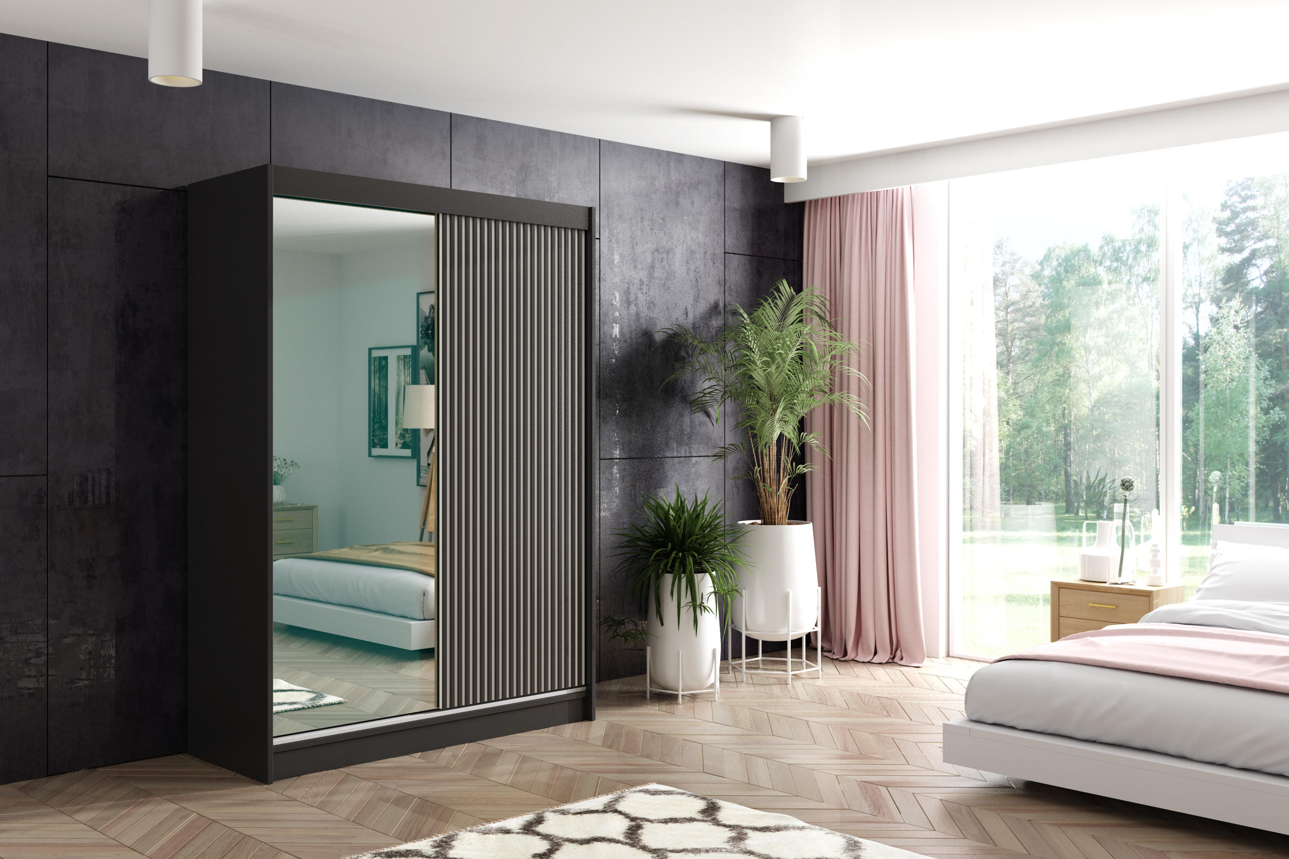 KLEIDERSCHRANK VILAN mit Spiegel - 150 cm - Schwarz - Schwarz, Holzwerkstoff (150/215/61cm) - ALTDECOR