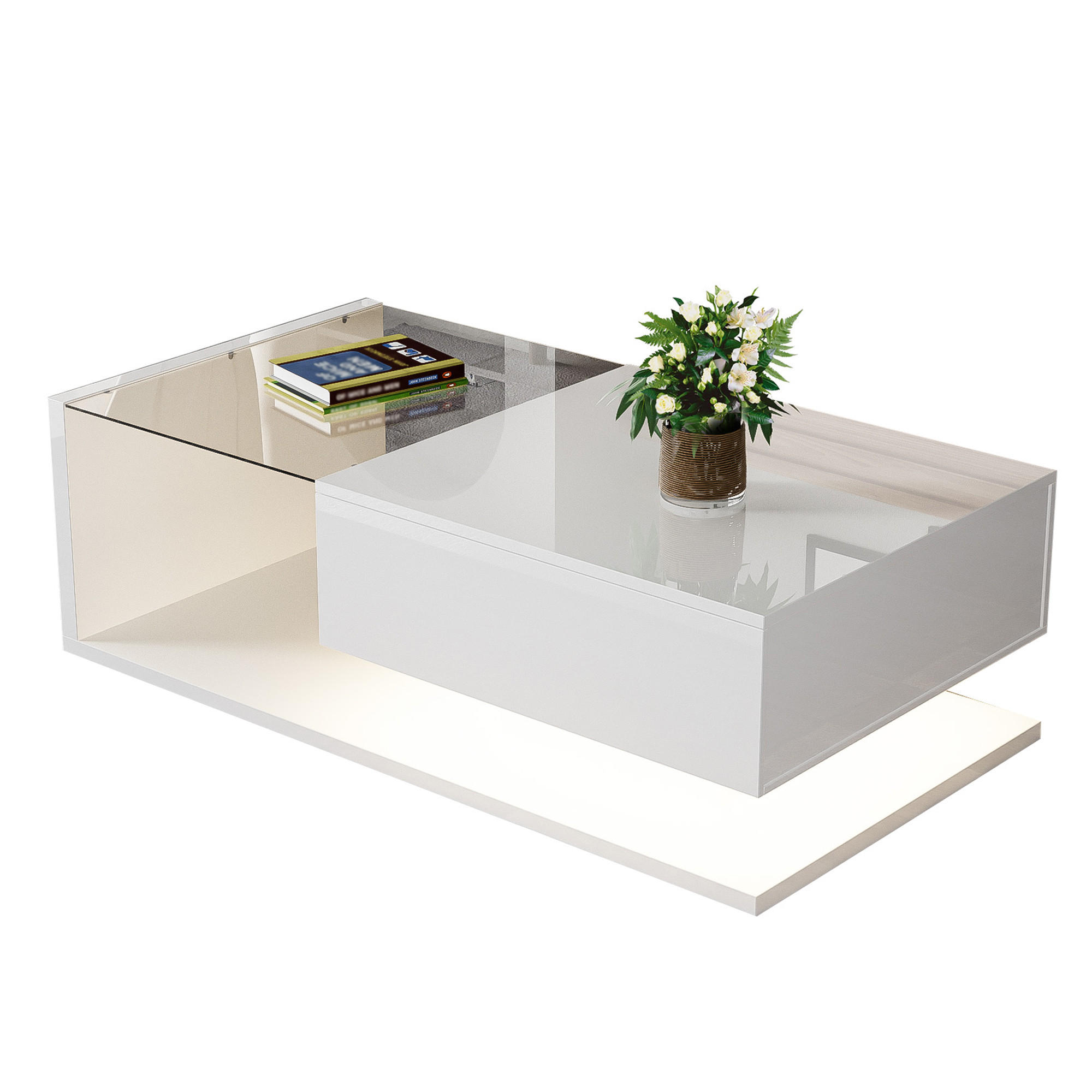 COUCHTISCH 105/55/32,5 cm hochglänzend weiß mit Glasplatte und LED-Beleuchtung - Weiß, Holzwerkstoff (105/55/32.5cm) - OKWISH