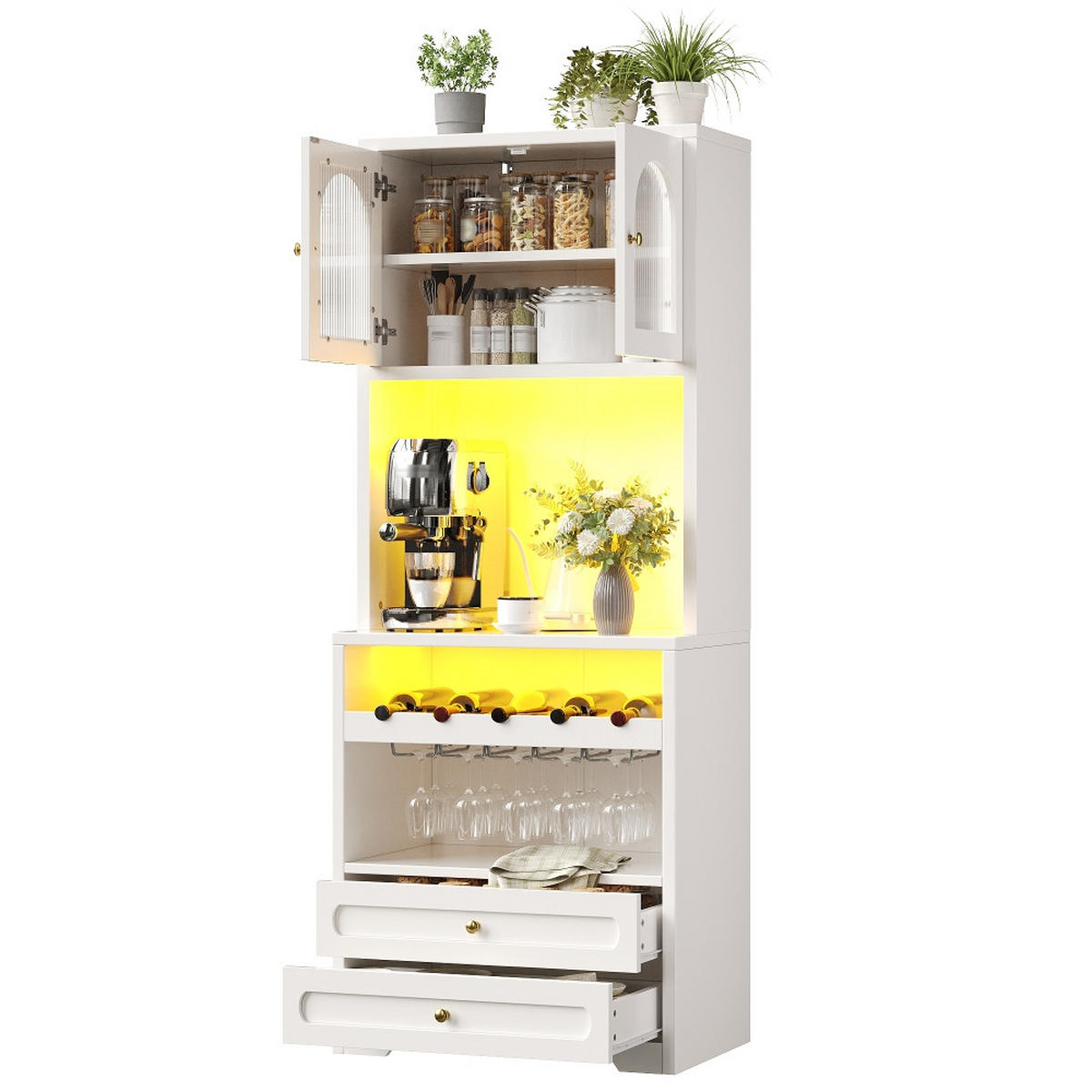 KÜCHENSCHRANK, Vitrinenschrank mit Glastüren, LED-Beleuchtung & Weinregal, MDF/Metall, 140/180/40 cm - Weiß, Kunststoff (40/180/140cm) - Rolipo