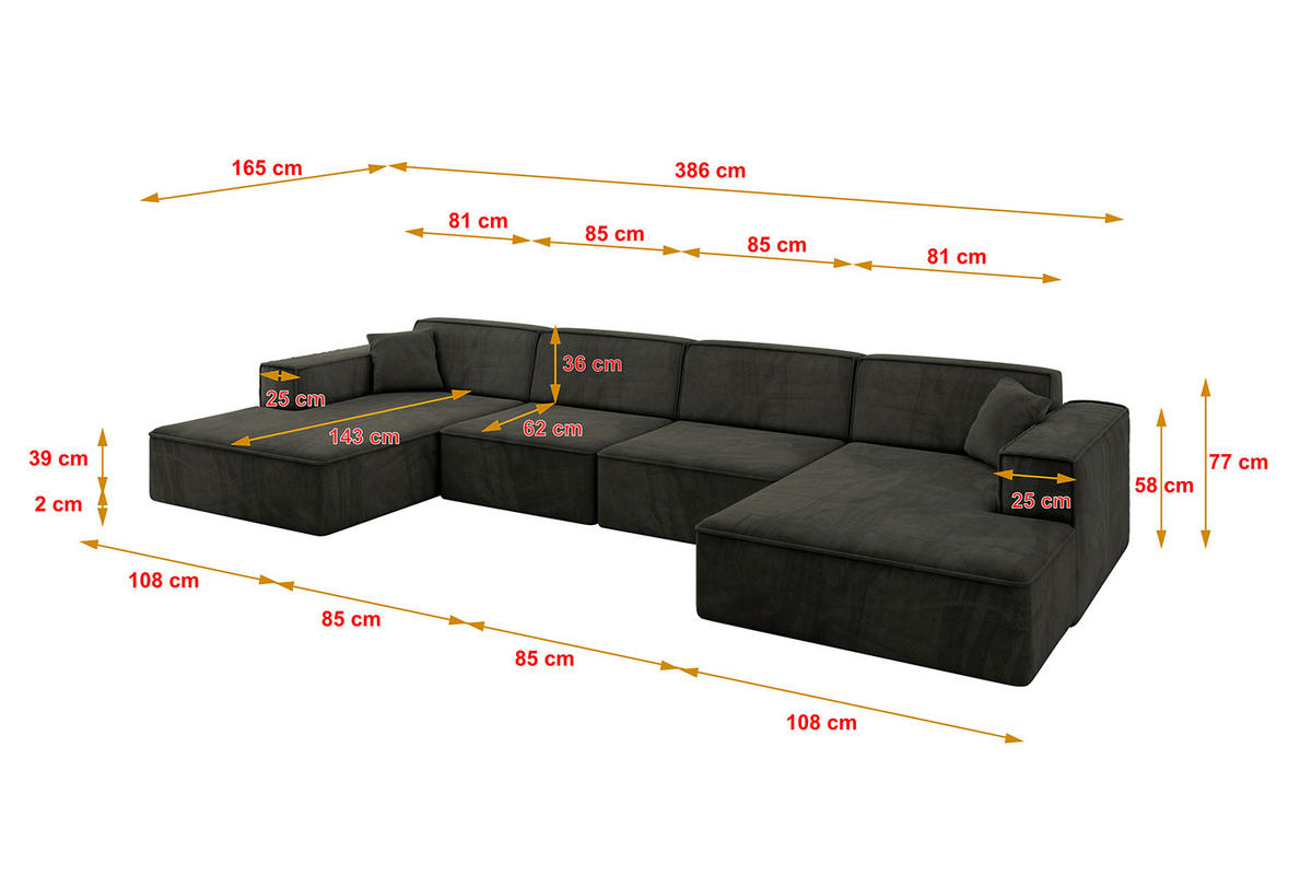 WOHNLANDSCHAFT IREA-U2-v4 - 386x165x77 cm Schwarz - Schwarz, Holzwerkstoff/Textil (386/77/165cm) - ALTDECOR