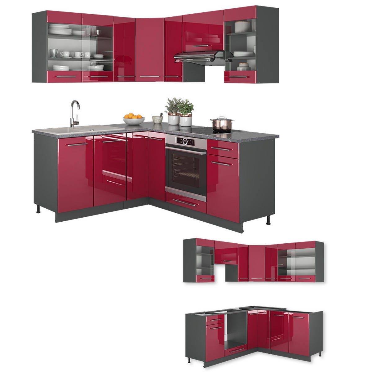 ECKKÜCHE Fame-Line Bordeaux Hochglanz/Anthrazit 160 x 60 cm ohne AP - Bordeaux/Anthrazit, Holzwerkstoff (190/81.6/46cm) - Vicco