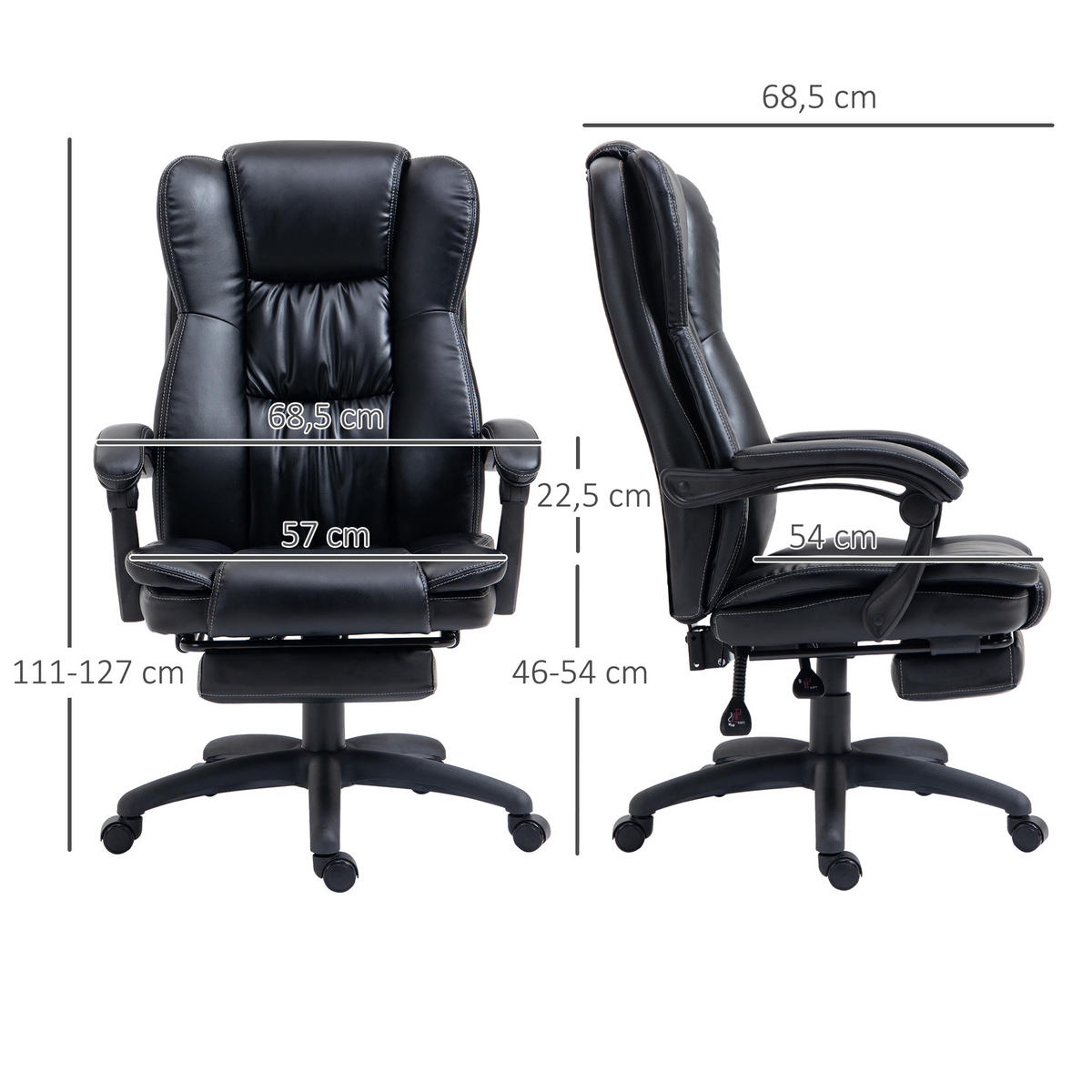 VERSTELLBARER Drehstuhl mit Fußstütze, Kopfstütze, Massagefunktion, Schwarz - Schwarz, Kunststoff (68.5/121/68.5cm) - Vinsetto