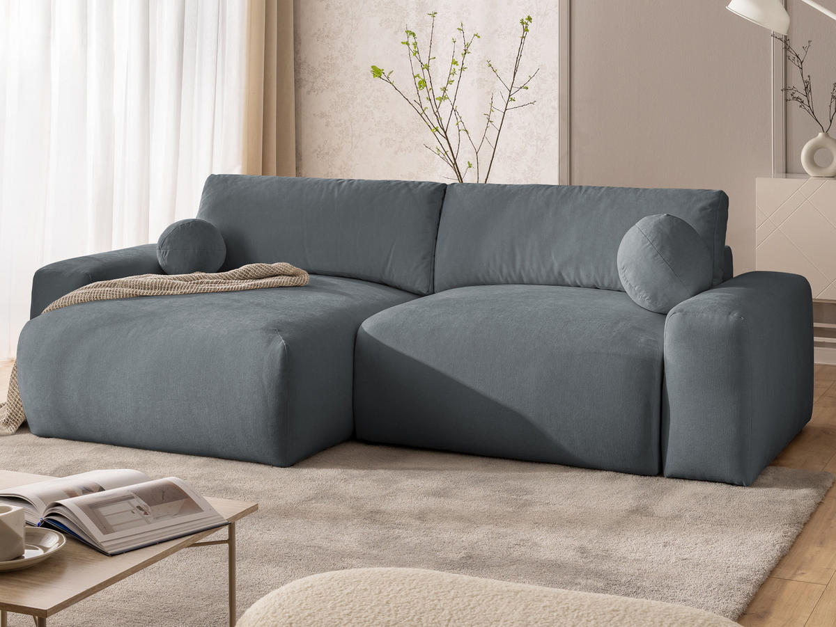 ECKSOFA Puffy mit Schlaffunktion und Bettkasten - besonders weich und puffig aus Dunkelgrau Webstoff - Ottomane links - Dunkelgrau/Schwarz, Holz/Kunststoff (138/266cm) - S-Style Möbel