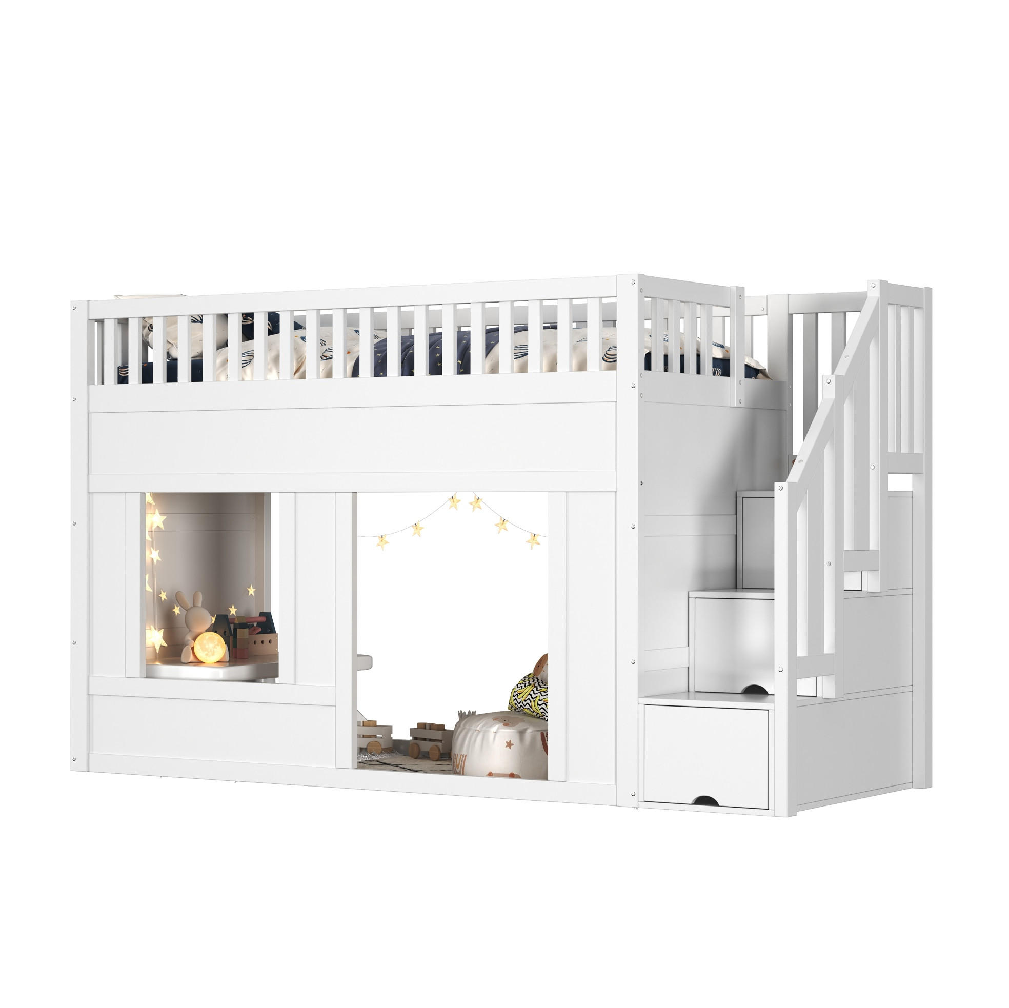 ETAGENBETT 90/200 cm weiß aus Massivholz und MDF mit Treppenschrank - Weiß, Holzwerkstoff (90/200cm) - OKWISH