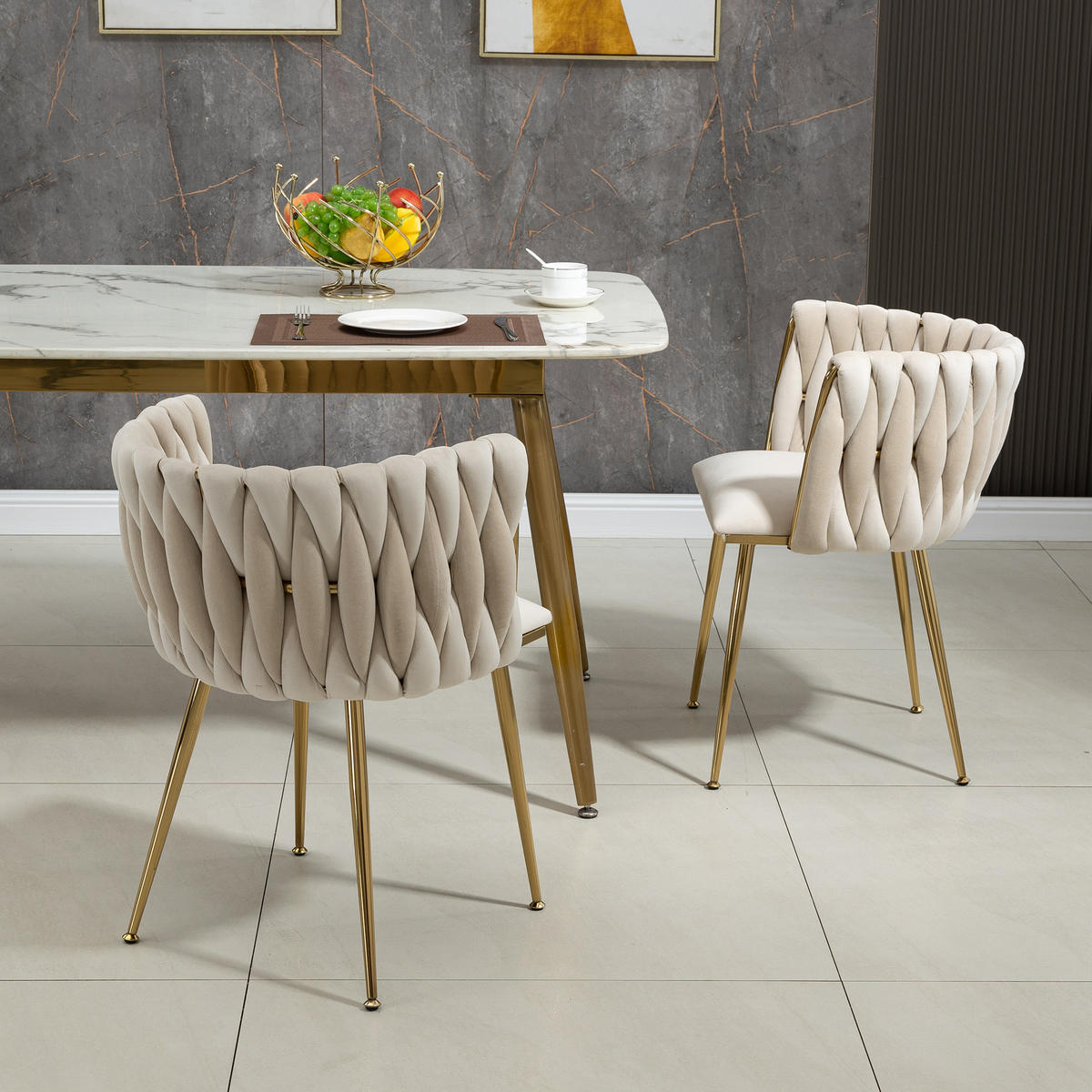 ESSZIMMERSTUHL 2er-Set aus Samt mit Goldbeinen - Creme, Textil (55.5/74/41cm)