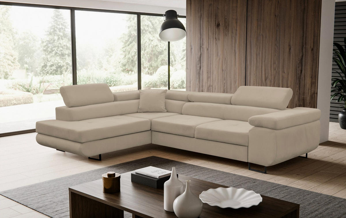 ECKSOFA Jerry in L-Form mit Schlaffunktion und Bettkasten, Farbe: Beige, Veloursstoff, Ottomane Links - Beige, Textil (202/275cm) - VENASI MÖBEL