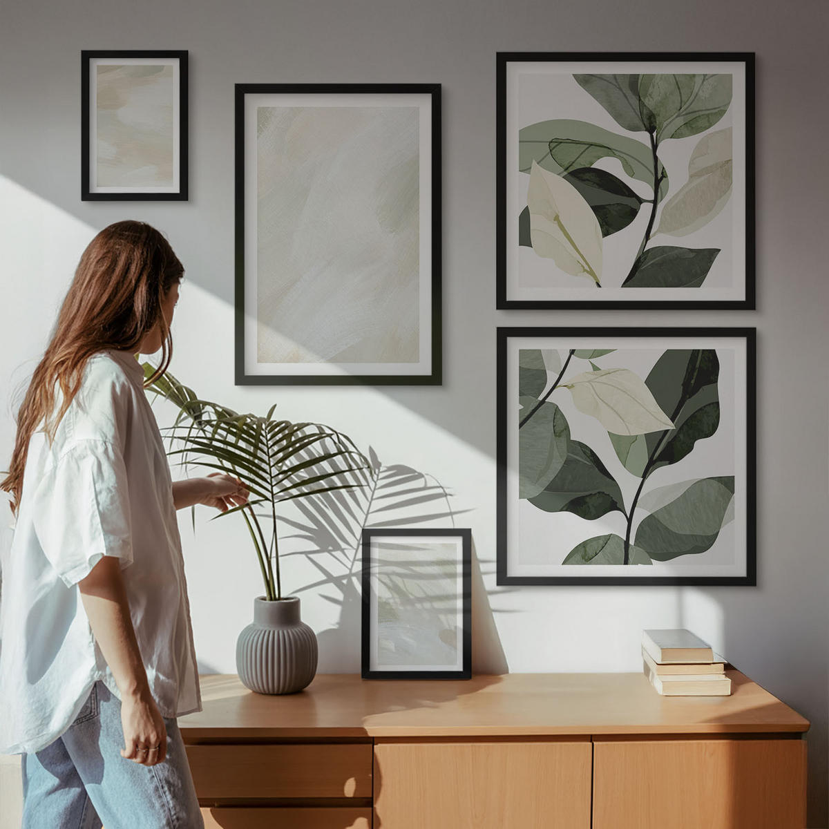 BILDER SET 5er Set - 50x50 cm & 20x30 cm & 40x60 cm Schwarzer Rahmen - Leuchtende, abstrakte Boho-Farben - Schwarz, Kunststoff (40/60cm) - TULUP