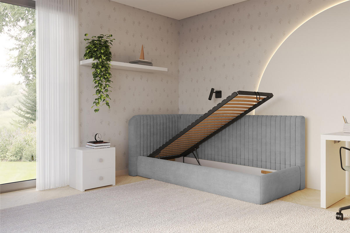 EINZELLBETT Jugendbett mit Bettkasten und Matratze H3/H4, Rechts - AURY 80x200 Grau - Silberfarben, Holzwerkstoff/Textil (80/200cm) - ALTDECOR
