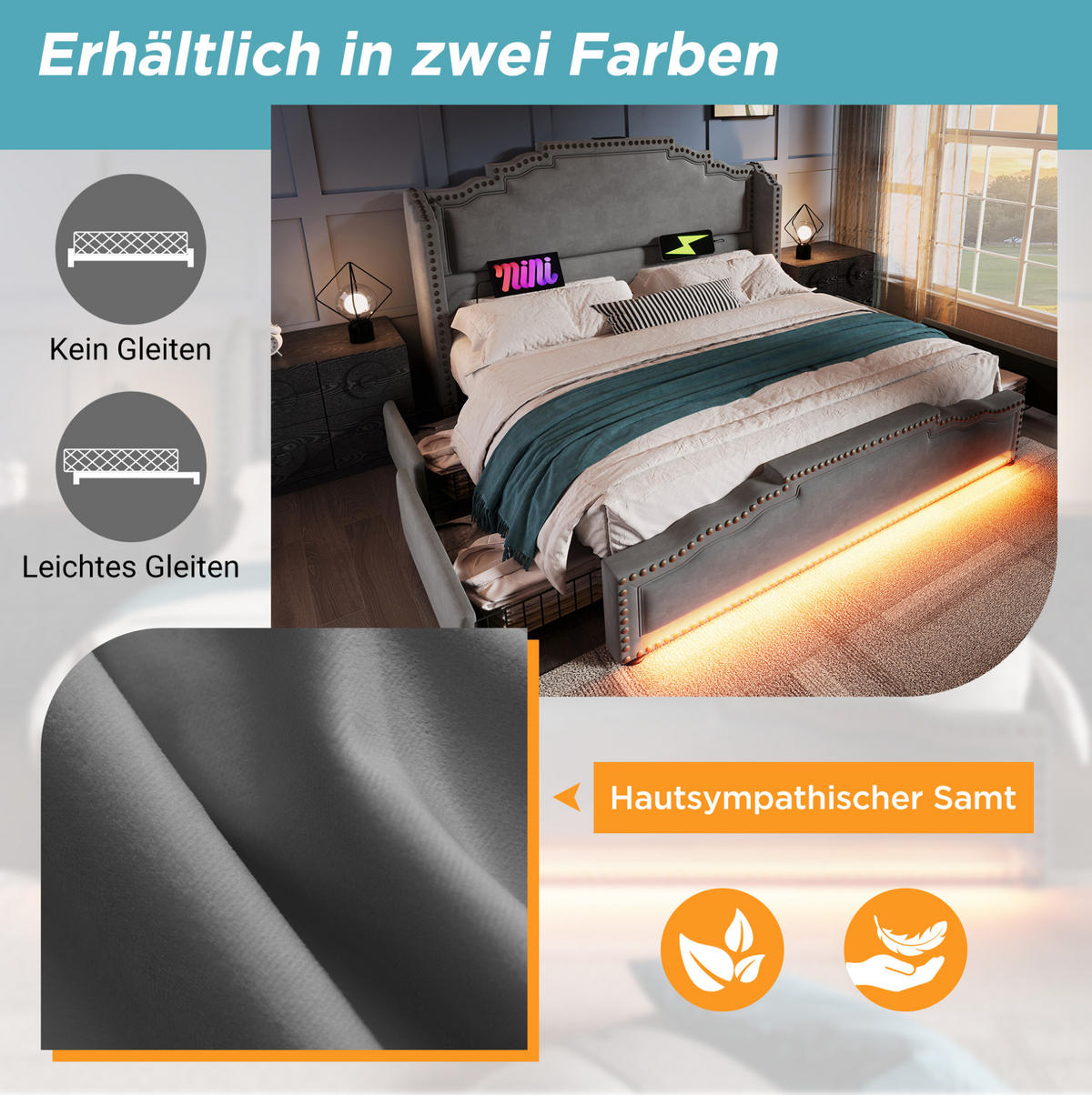 POLNJENA postelja iz velurja 160x200 cm siva z LED osvetlitvijo, USB- in Type-C priključkom ter 4 predali - siva, tekstil (160/200cm) - Modfu