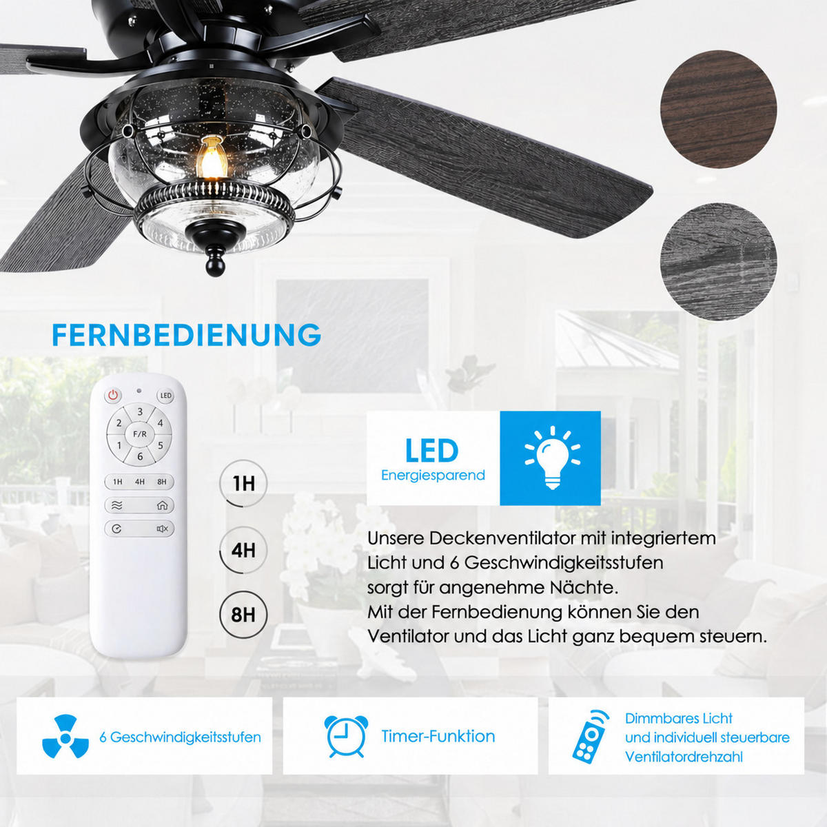 DECKENVENTILATOR für geschützte Außenbereiche Schwarz 132 cm mit LED und leisem DC-Motor 5012 - Schwarz, Metall (132/132/53cm) - Surtime