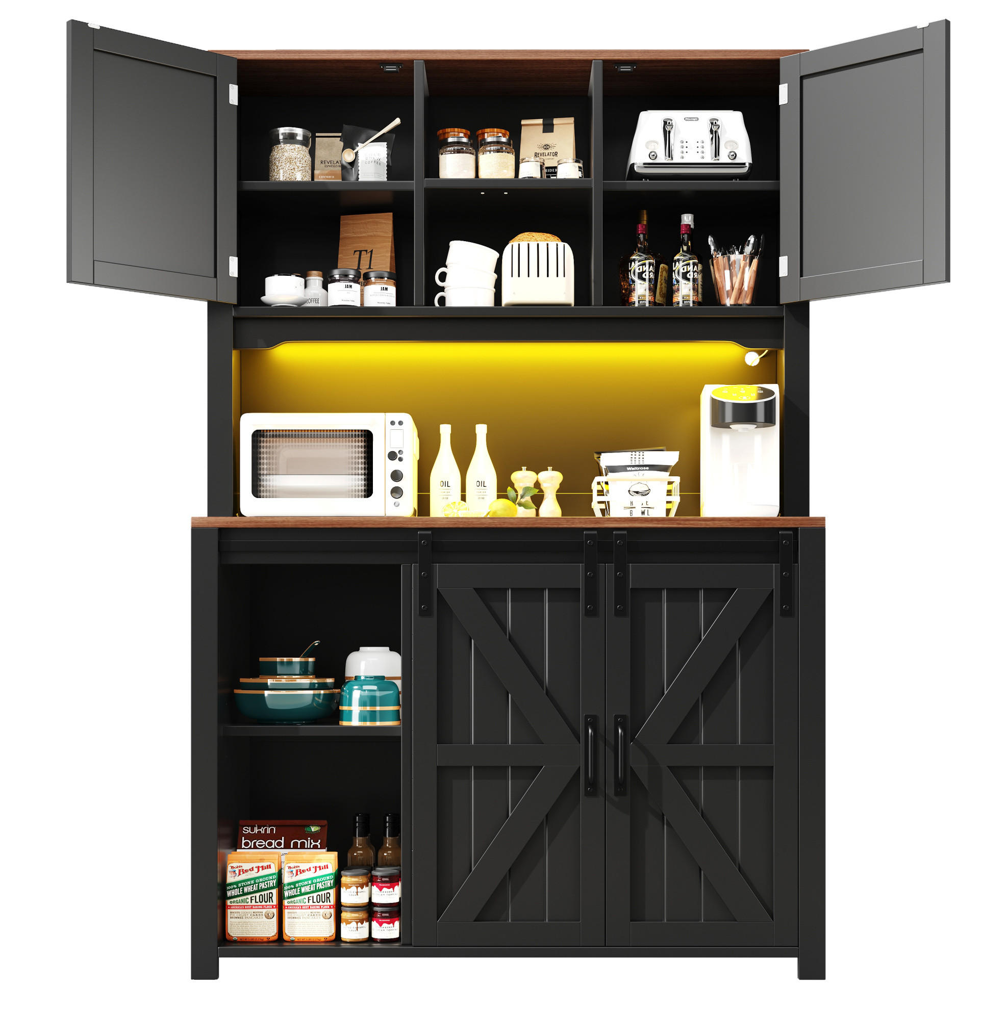 BUFFET 115/40/174,7 cm mit Schiebetüren, 2 Schubladen & LED-Beleuchtung - Schwarz, Holzwerkstoff (115/174.7/40cm) - BEAOK