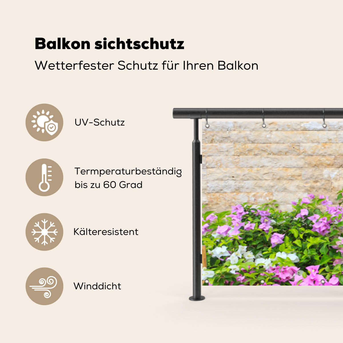 BALKON-SICHTSCHUTZ Blumen - Pflanzen - Blätter - Steine - Pink, Kunststoff (500/100cm) - MuchoWow