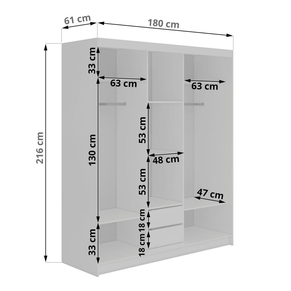 SCHWEBETÜRENSCHRANK mit Schubladen 180 - VERONA - Weiß mit Spiegel - Alufarben/Weiß, Holzwerkstoff/Metall (180/216/61cm) - MKS