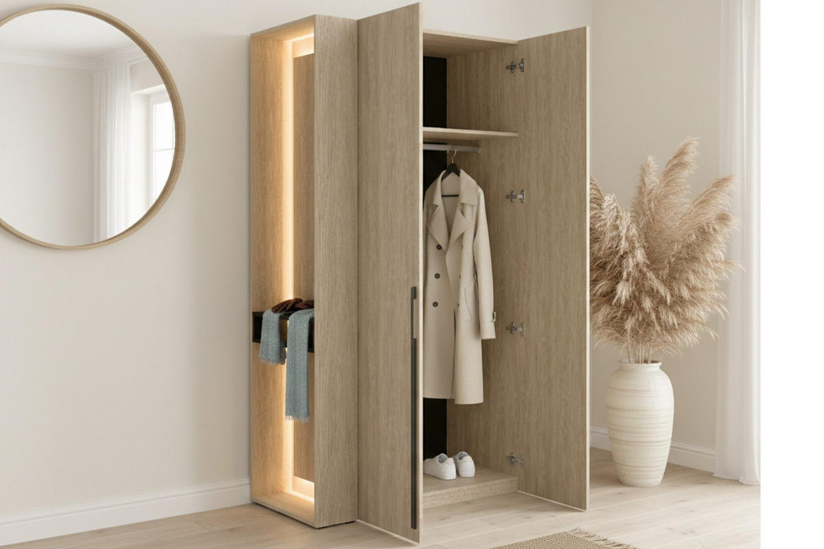 GARDEROBENSCHRANK BERTA 110 cm in Eiche Barista mit Kleiderstange, Spiegel und LED - Eichefarben, Holzwerkstoff (111/207/60cm) - Deine Möbel 24