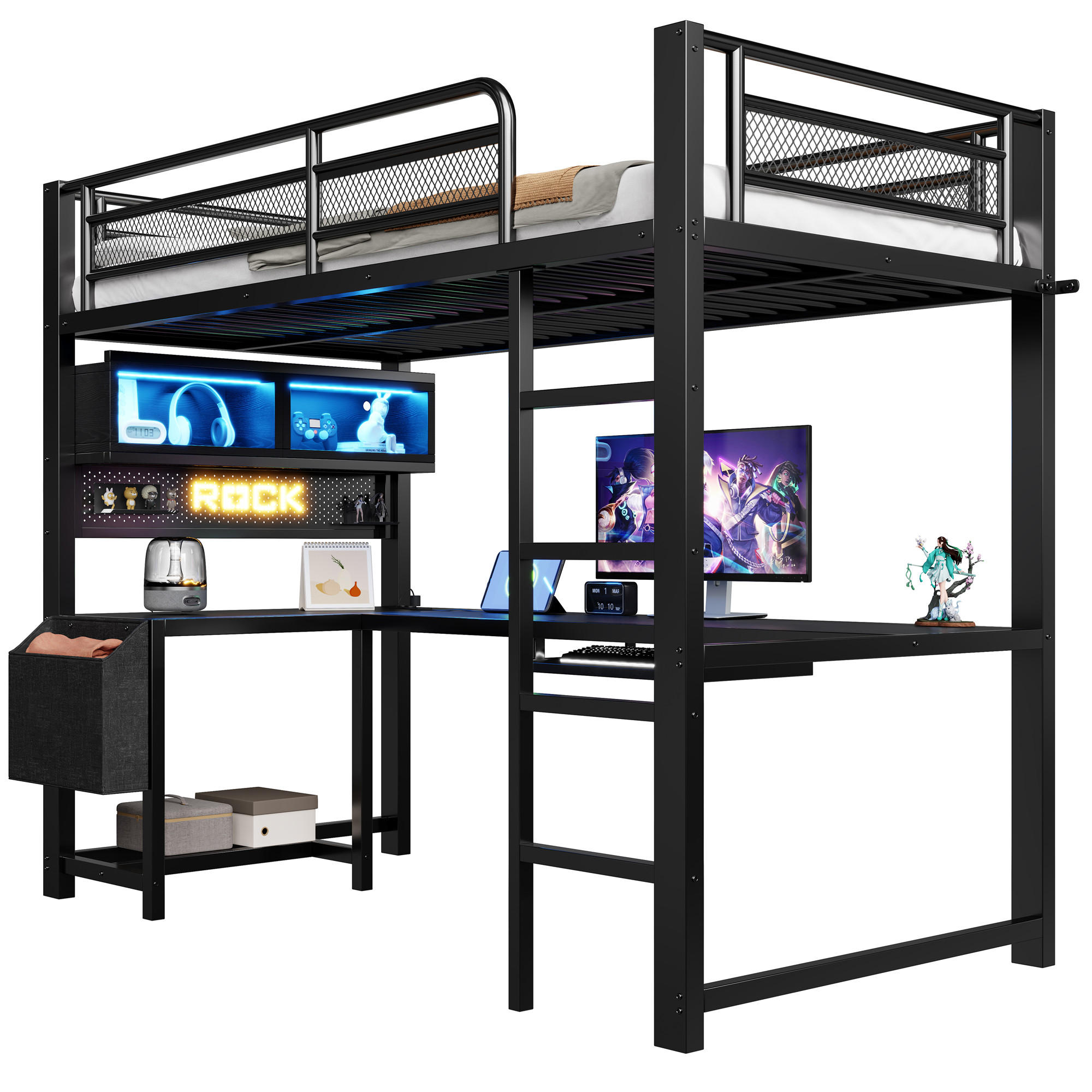 HOCHBETT 90/200 cm in Schwarz aus MDF und Metall mit Schreibtisch, LED und Steckdosen - Schwarz, Holzwerkstoff/Metall (90/200cm) - WISHDOR