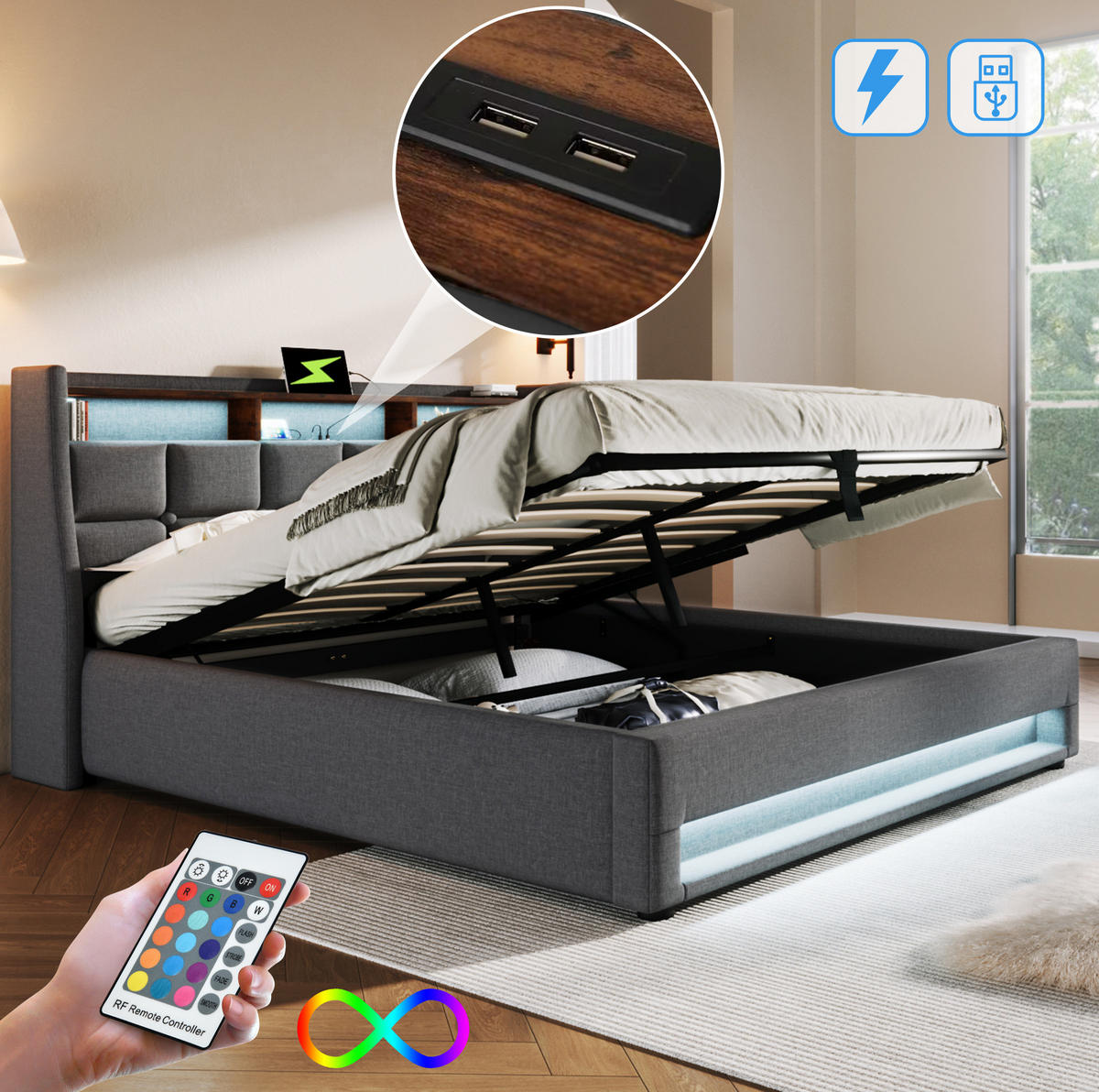 TAPECIRANI krevet 160/200 cm sivi od lana s LED rasvjetom, USB priključkom i spremištem - siva, tekstil (160/200cm) - OKWISH