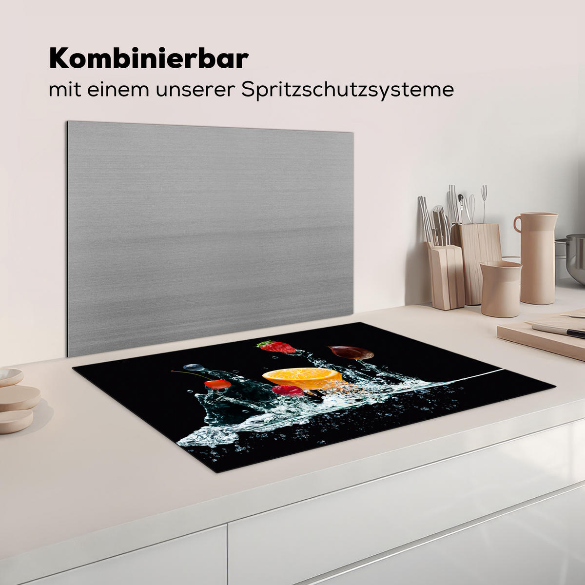 KRYT NA INDUKČNÍ DESKU Voda - Ovoce - Pomeranč - Jahoda - Třešeň - Černá 78x52 cm - pomerančová, plast (78/52/0.2cm) - MuchoWow