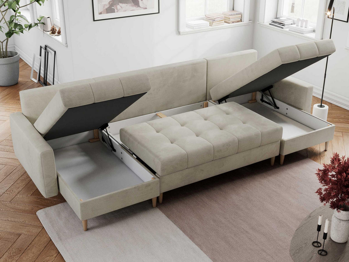WOHNLANDSCHAFT Colin U Velvet Beige - Beige/Braun, Holz/Textil (290/75/140cm) - MKS