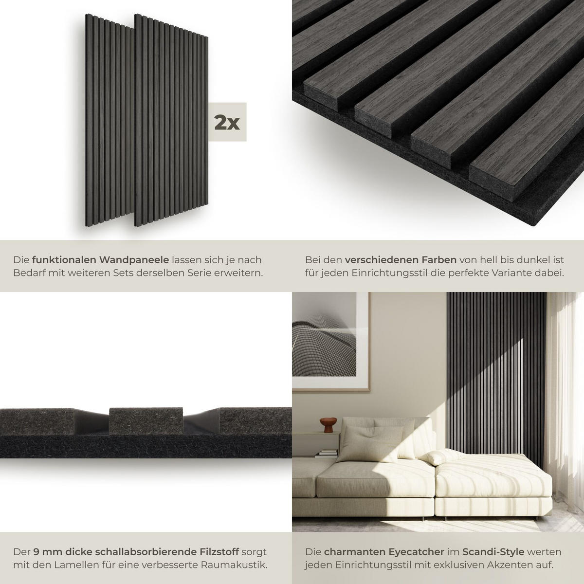 AKUSTIKPANEELE 2er Set Sonic Wall II, schallabsorbierender Filz, Größe flexibel anpassbar, Eiche schwarz - Schwarz, Holz (50/1.8/110cm) - tectake