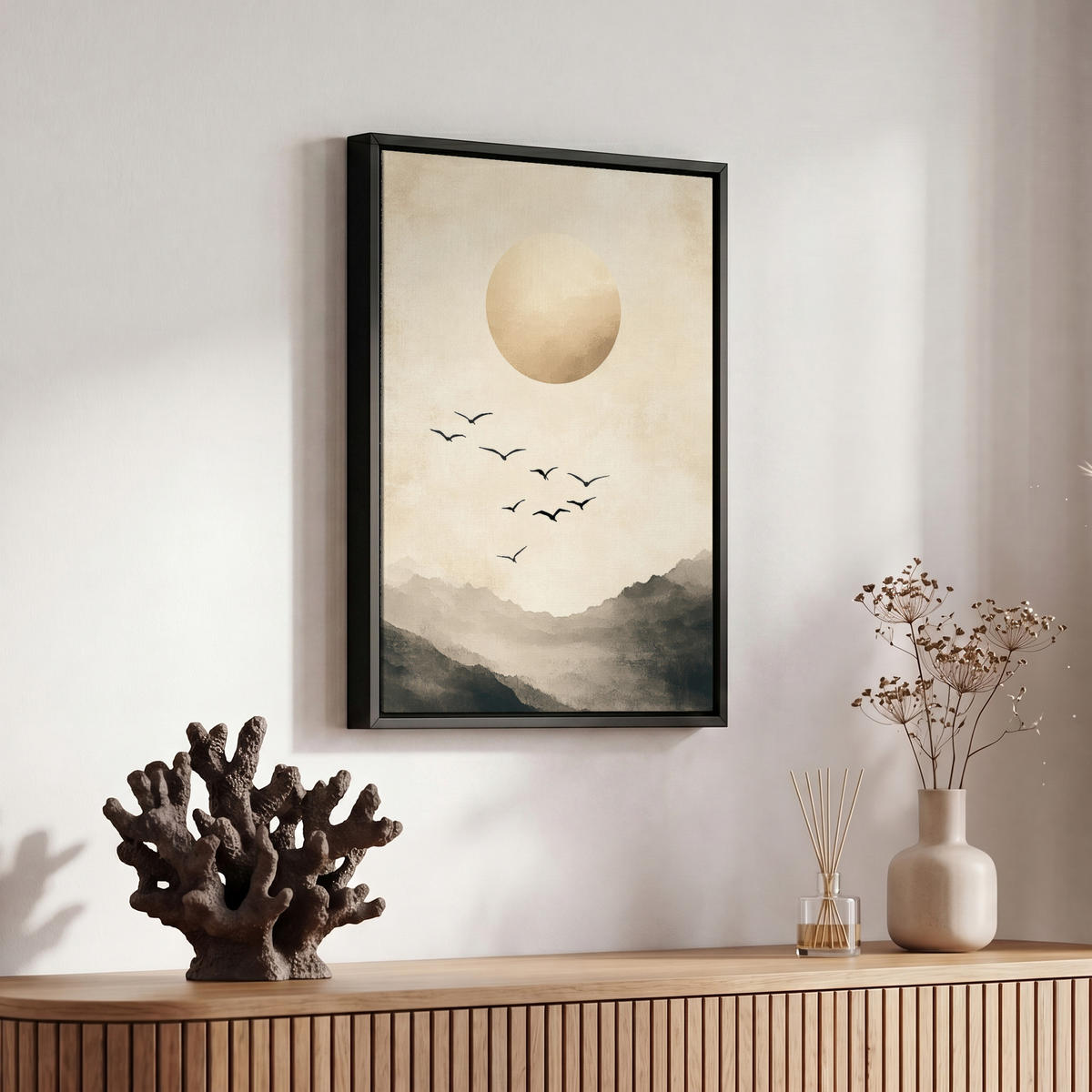 LEINWAND Bilder mit Rahmen - Landschaft - Japandi - Vogel - 20x30 - Beige, Textil (20/30cm) - MuchoWow