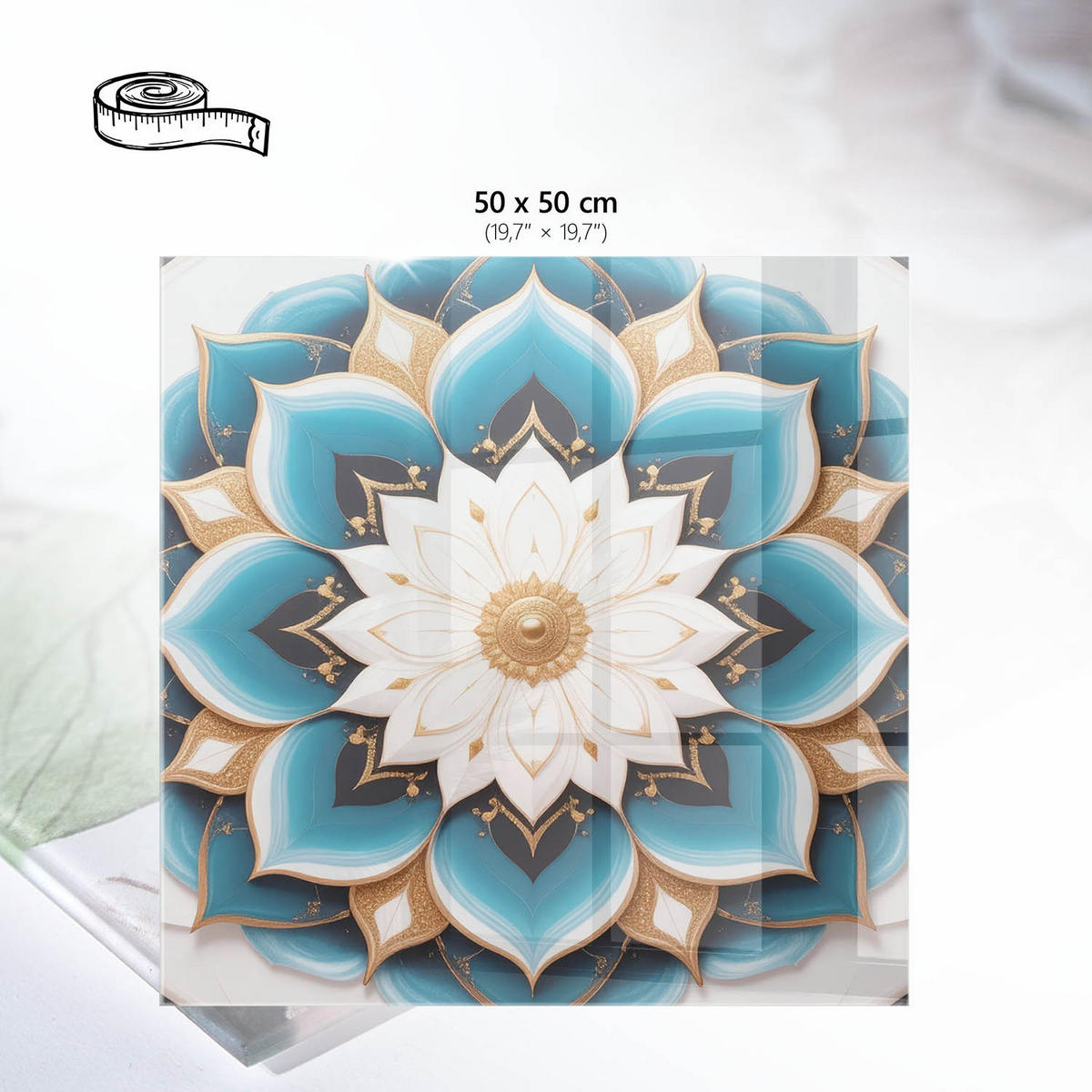 TISCHPLATTE 50x50 cm – Blumenmandala - Türkis, Glas (50/50/0.4cm) - Wallfluent