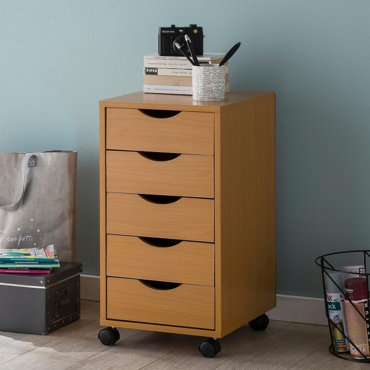 ROLLCONTAINER – Buche, 5 Schubladen, Schreibtischcontainer, Rollen - Schwarz/Braun, Holz/Kunststoff (33/64/38cm) - KADIMA DESIGN