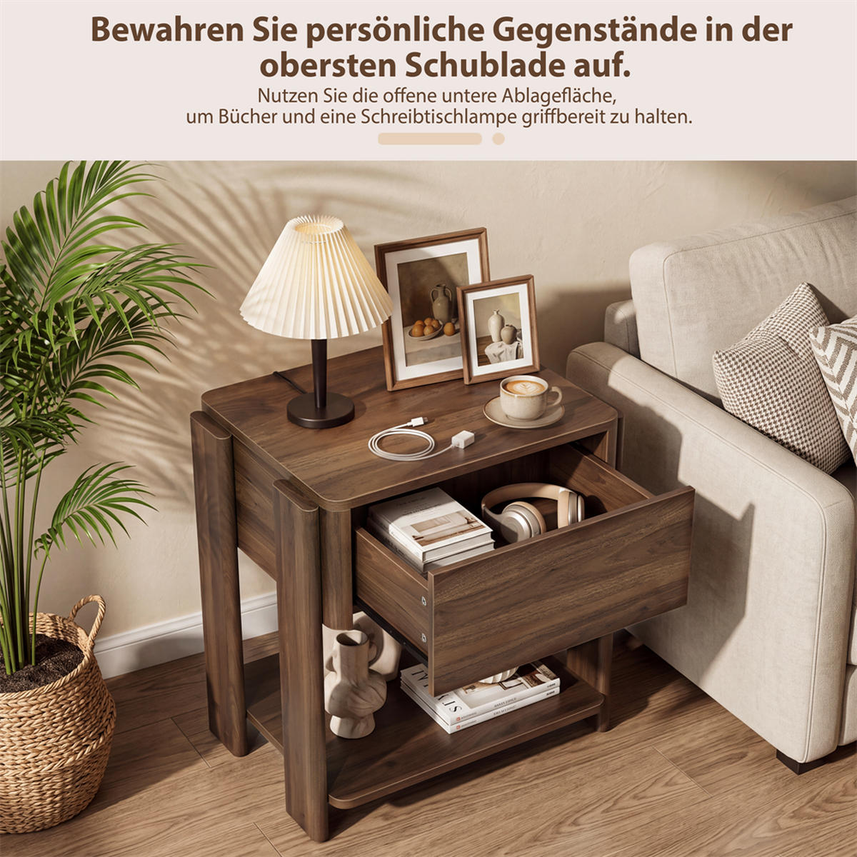 NACHTTISCH 48x39x56 cm mit 1 Schublade und Unterer Ablage - Abgerundetes Design - Robuste Holzbeine - Walnuss - Walnussfarben, Holzwerkstoff (39/56/48cm) - DELFA