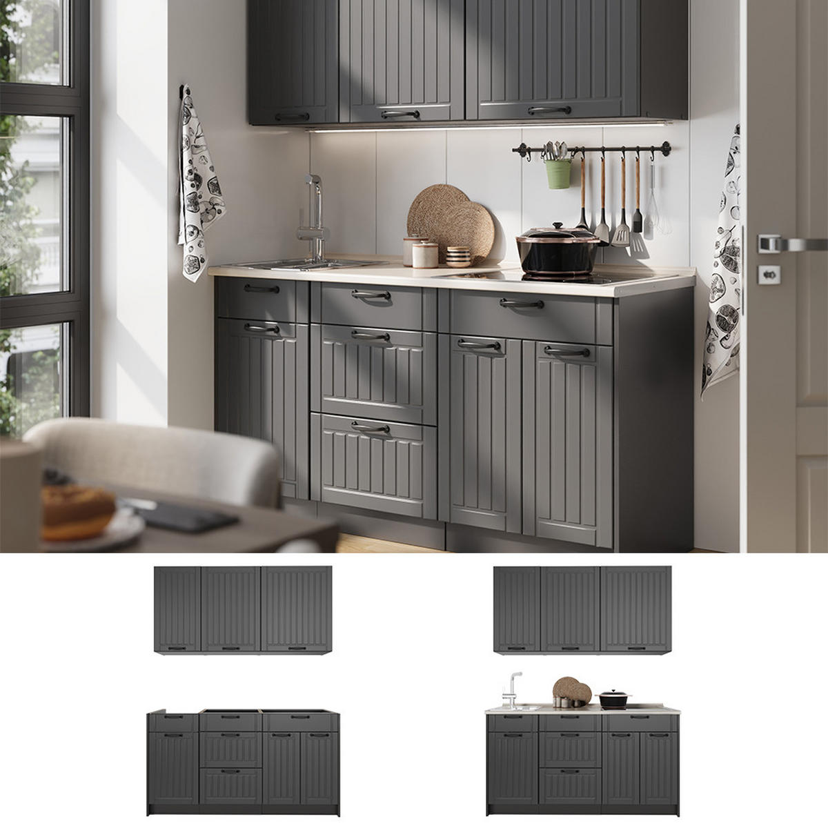 SINGLEKÜCHE Fame-Line, Dunkelgrau/Anthrazit, 150 cm, AP Eiche - Dunkelgrau/Anthrazit, Holzwerkstoff (150/82/60cm) - Vicco