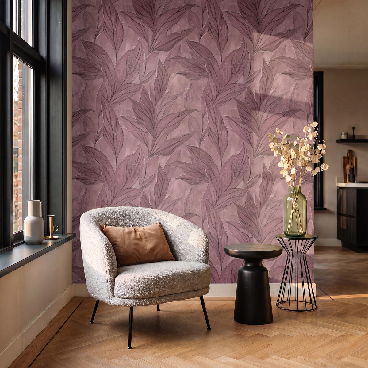 TAPETE - Blätter - Muster - Lila - 160x200 cm - Altrosa, Papier (160/200cm) - OnlyWow
