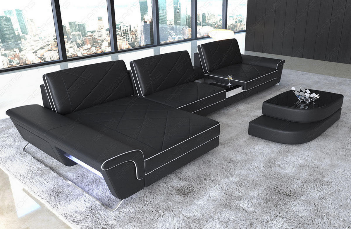 LEDERSOFA Bari L - Schwarz/Weiß, Leder (197/369cm) - Sofa Dreams