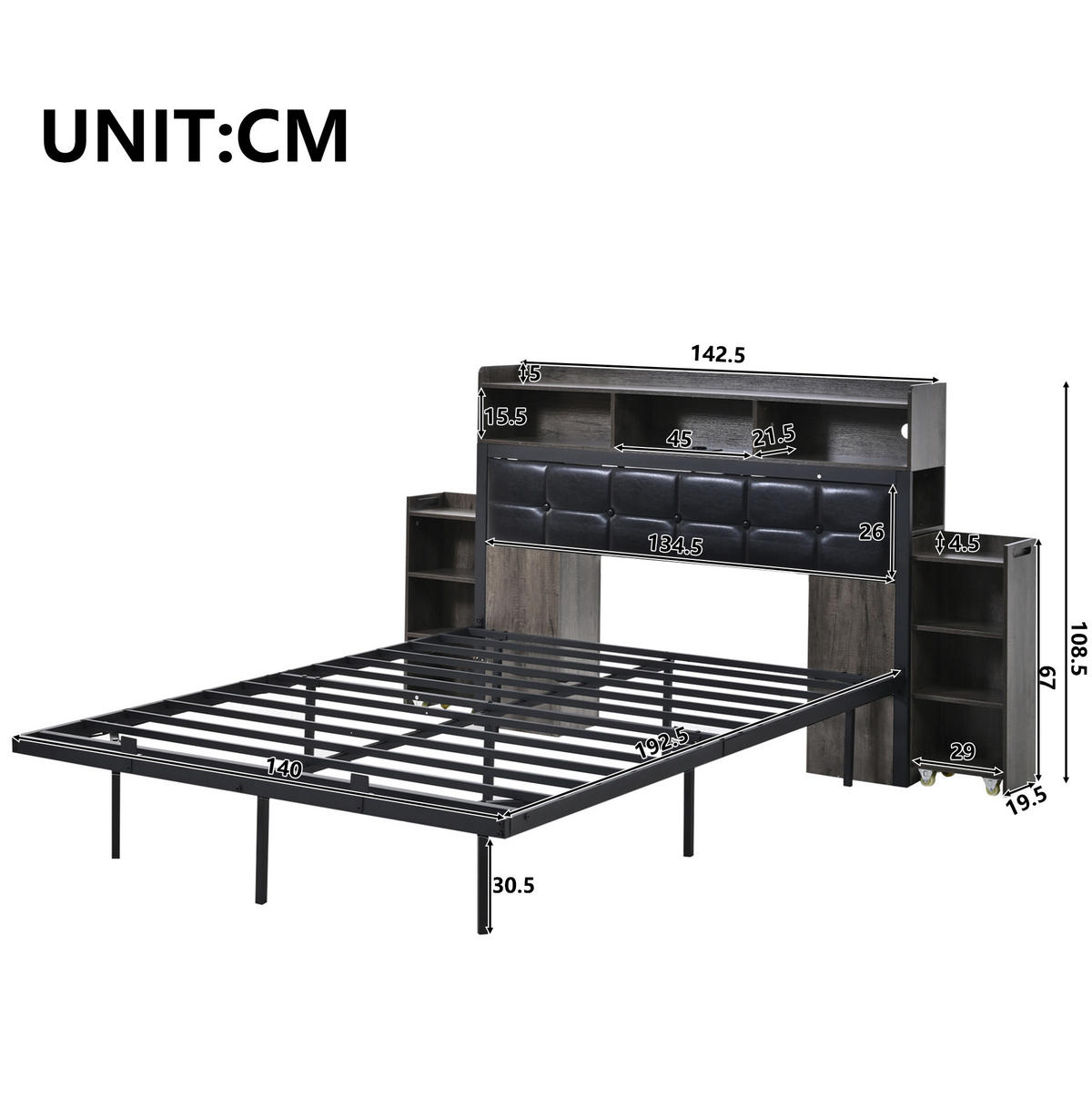 BETT 140/190 cm mit Kopfteil, LED und Lattenrost in Grau - Grau, Metall (140/190cm) - BEAOK