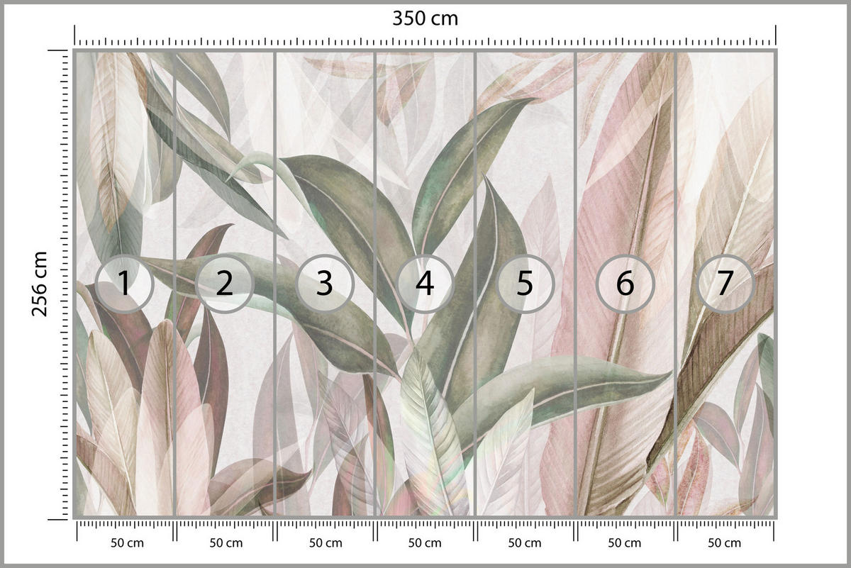 FOTOTAPETE für Wohnzimmer Empfindlich Pastell Bananenblätter 350x256 - Beige/Rosa, Papier (350/256cm) - Muralo