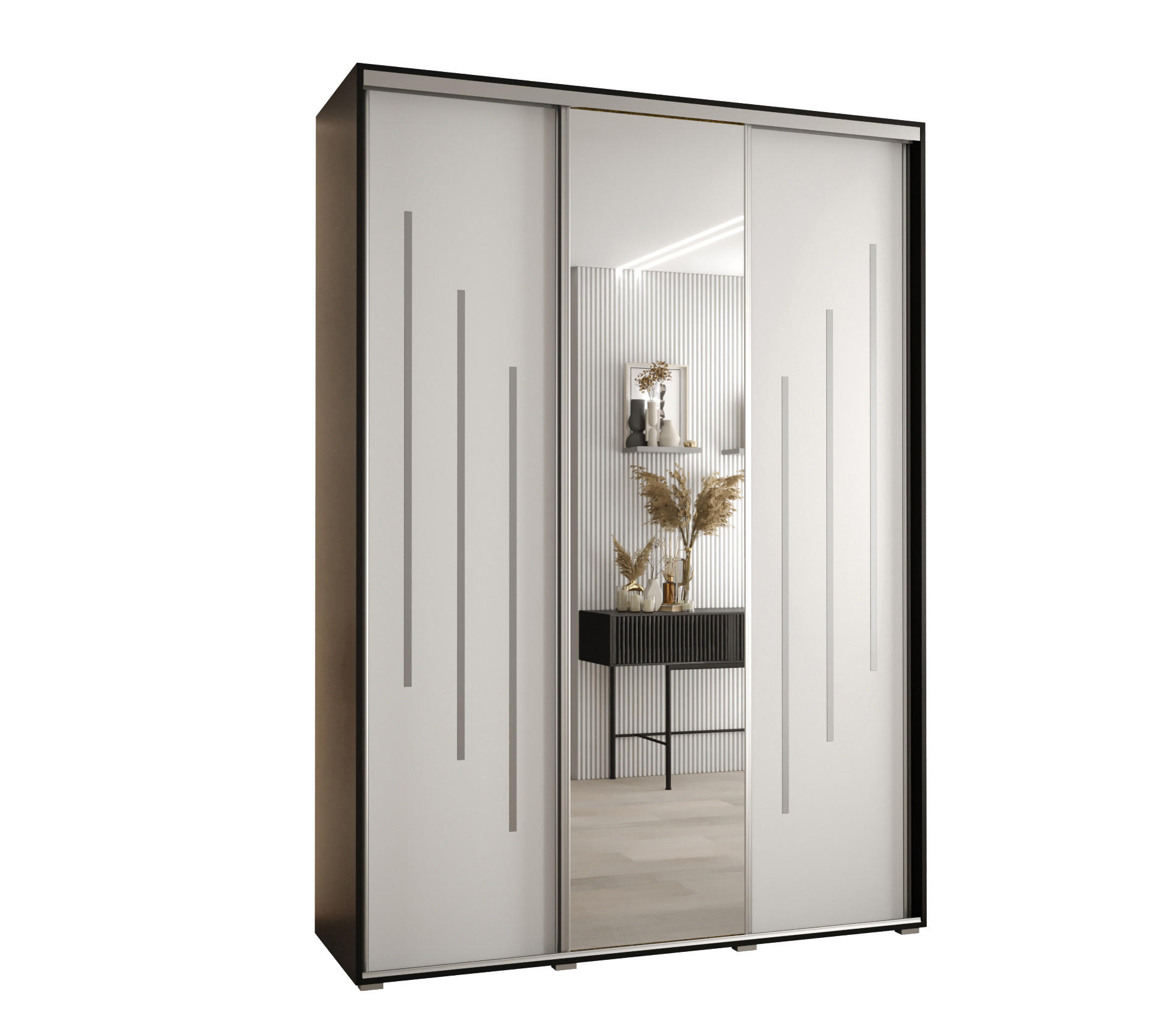 Abiks Möbel Schwebetürenschrank Schwarz, Weiß, Silber 170x235x45 cm