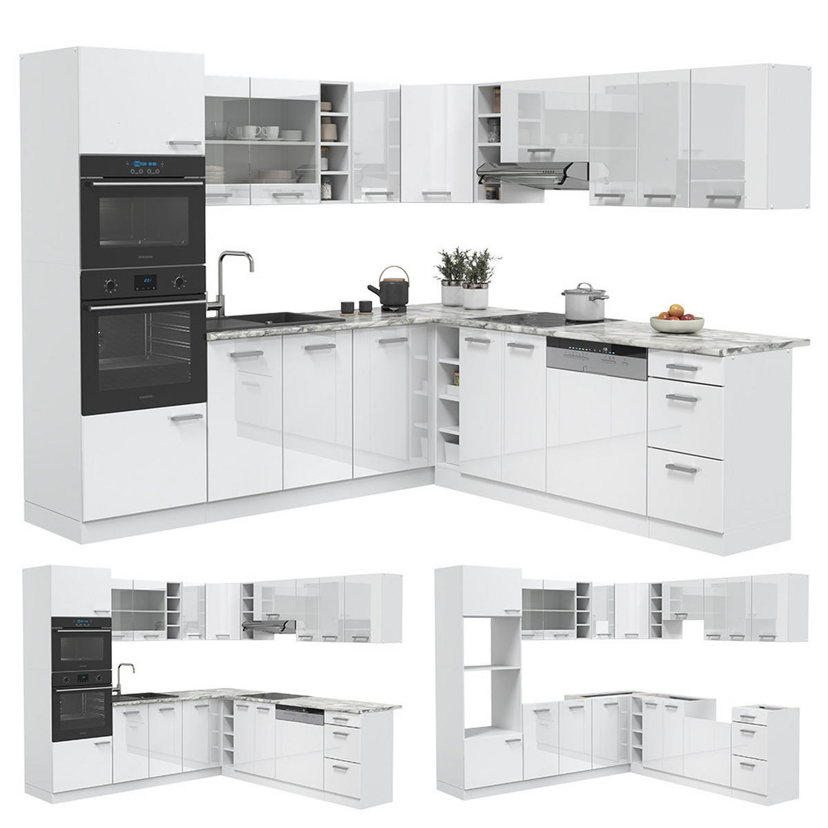 ECKKÜCHE R-Line Weiß Hochglanz/Weiß 237 x 60 cm ohne AP - Weiß Hochglanz/Weiß, Holzwerkstoff (247/81.6/46cm) - Vicco