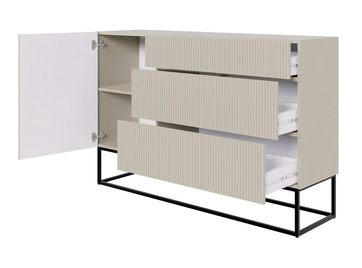 KOMODA Veldio šedobéžová s černým kovovým rámem 140 cm - černá/šedobéžová, kov/kompozitní dřevo (140/90/38cm) - Selsey