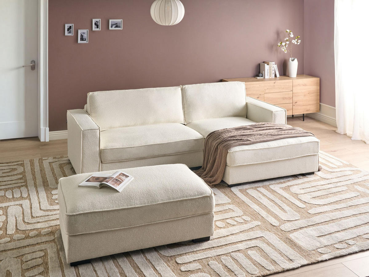 COLȚAR bouclé alb crem cu otomană pe partea stângă Renders - bej/crem, material textil (257/136cm) - Beliani