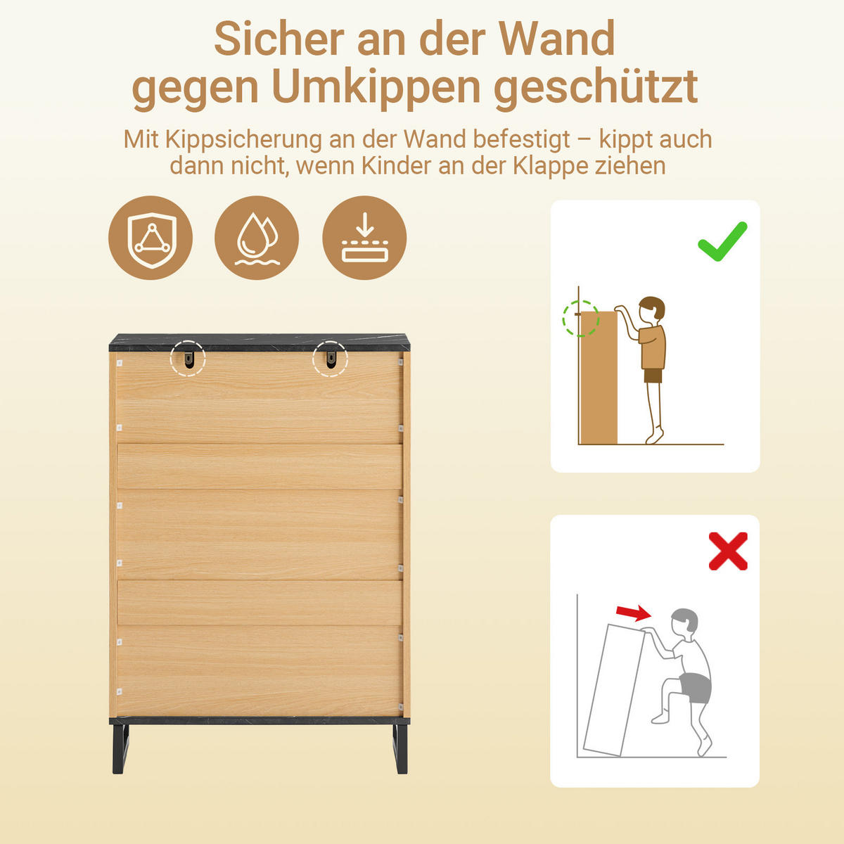 SCHUHSCHRANK Holzoptik & Schwarz mit Marmor - Naturfarben, Holzwerkstoff (60/88/24cm) - SoBuy