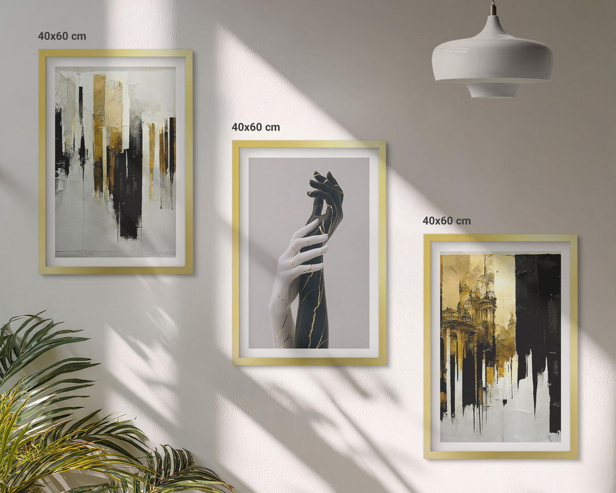 BILDER SET 3er Set - 40x60 cm Goldrahmen - Abstrakte handgemalte Muster - Goldfarben, Kunststoff (40/60cm) - TULUP