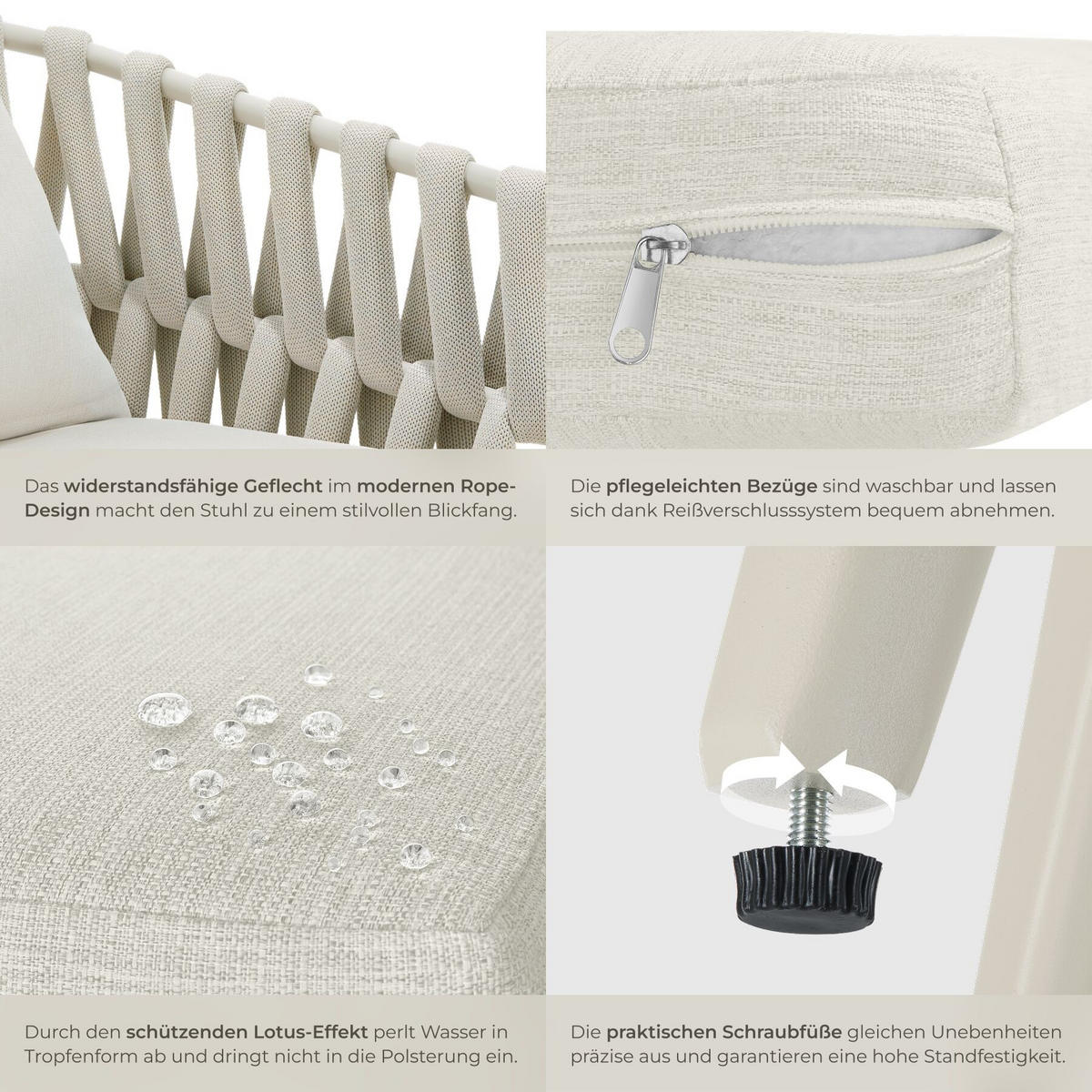 ALUMINIUM STUHL Lugano, höhenverstellbare Kunststofffüße, 62,5 x 65,5 x 75 cm, beige - Beige, Kunststoff/Metall (62.5/75/65.5cm) - tectake
